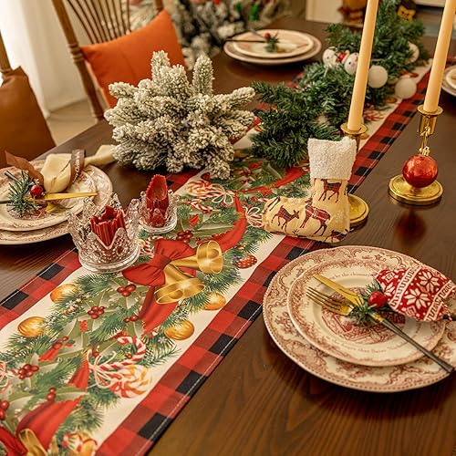 Miniatura 6 de Softalker Camino de mesa de lino navideño a cuadros – Campana de búfalo rojo para decoración de mesa de invierno de Navidad para comedor, fiestas,