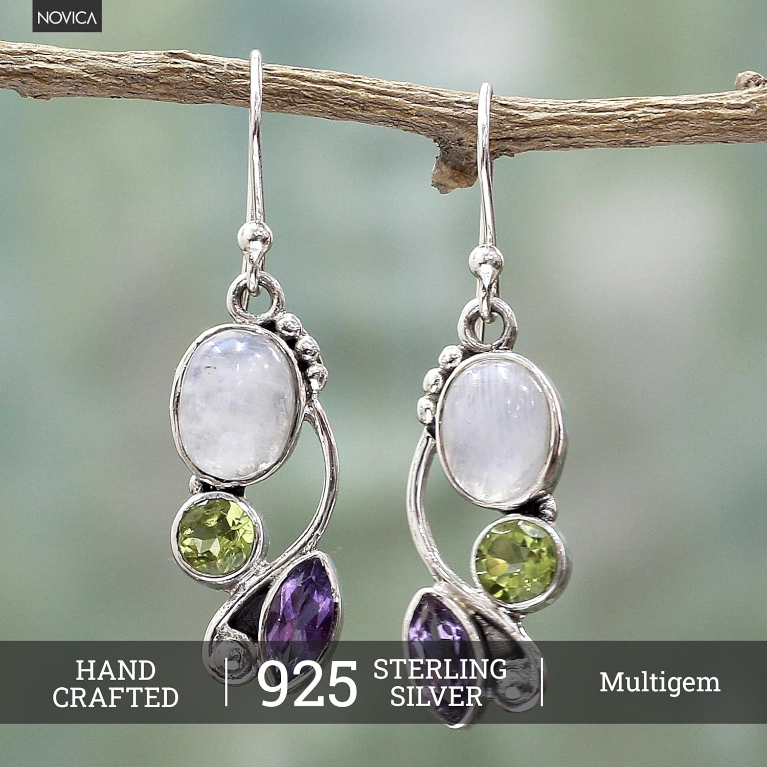 NOVICA Artisan Handcrafted Multigemstone Dangle Earrings | .925 Sterling Silver Handmade Dangle Earrings | Rainbow Moonstone Clear Green Multicolor Purple Dangle Earring | Natural Glamour Themed