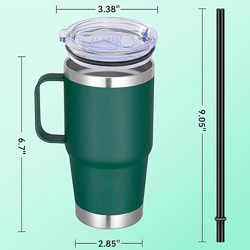 Miniatura 4 de Vaso de acero inoxidable de 20 onzas con asa con aislamiento de metal, taza de viaje para café con asa, vaso de doble pared con tapa y pajita, color