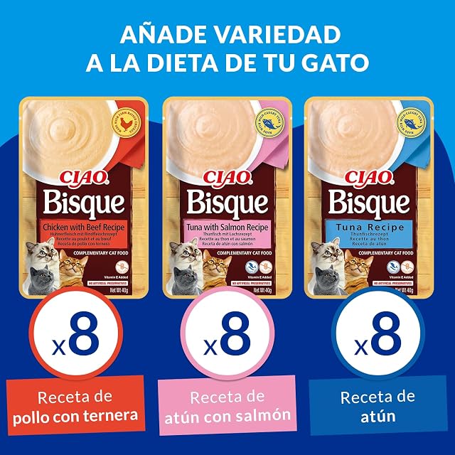 Foto 3 de 7 de INABA Ciao Bisque, Multipack Pollo, Atún, Ternera y Salmón, 960g (24 x 40g)