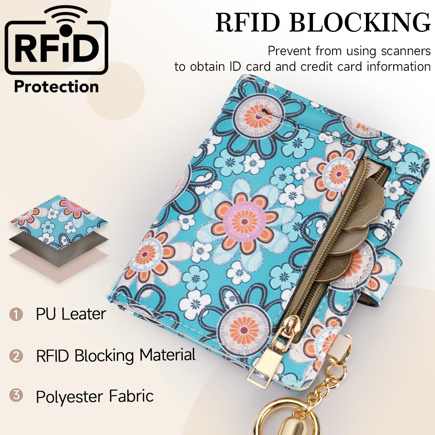 APHISON Women RFID Slim Bifold Wallet, Card Holder with Zipper Coin Purse, Ultra-Thin Compact Wallet with ID Window Minimalist Floral - Image 5