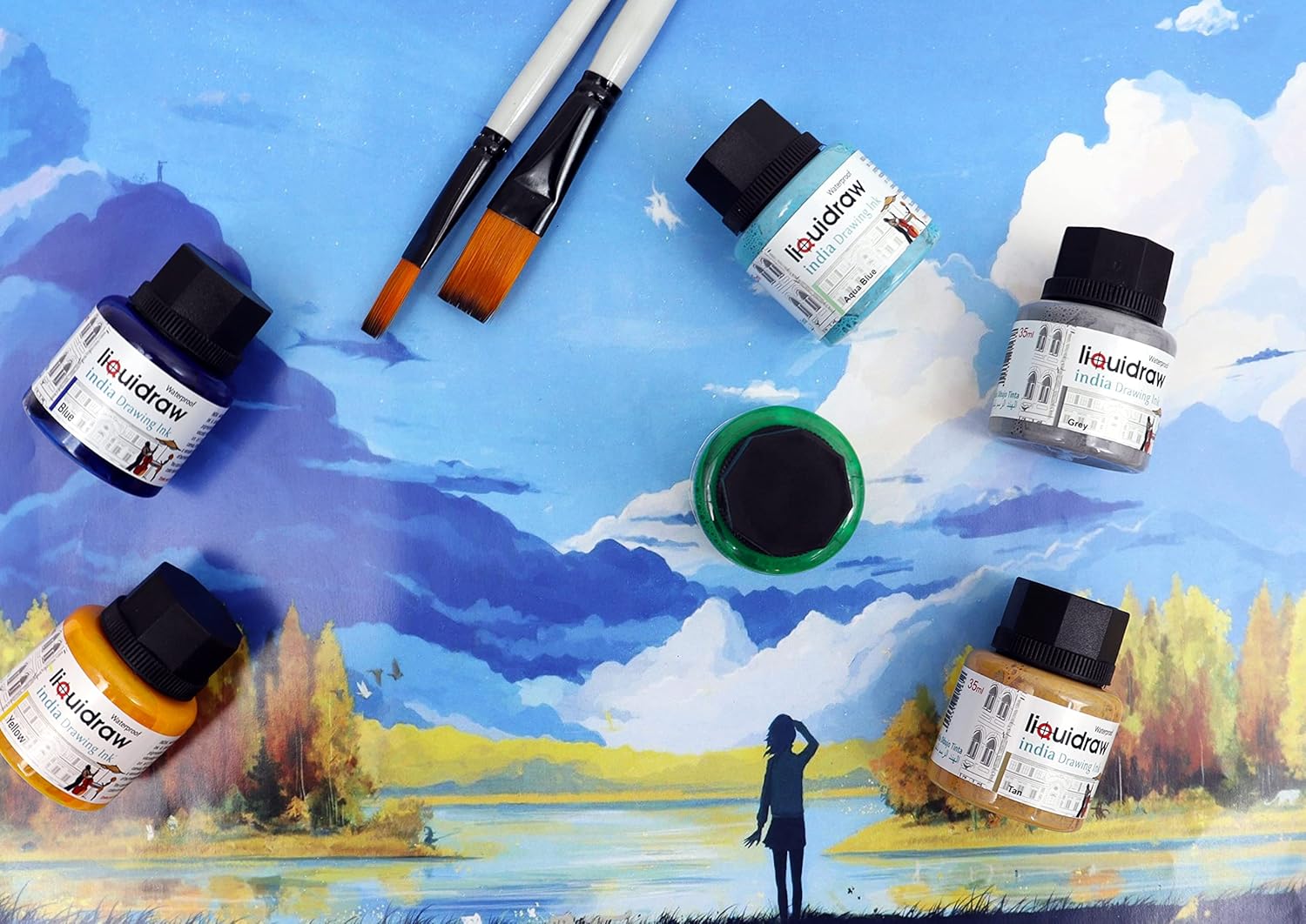 Liquidraw Waterproof Colored Drawing Ink with Dropper | 20 x 1.18 fl oz (35 ml) Bottles | Set of Assorted Colors | India Ink for Calligraphy, Pens & Dip Pens | Ideal for Drawing, Writing & Art Project