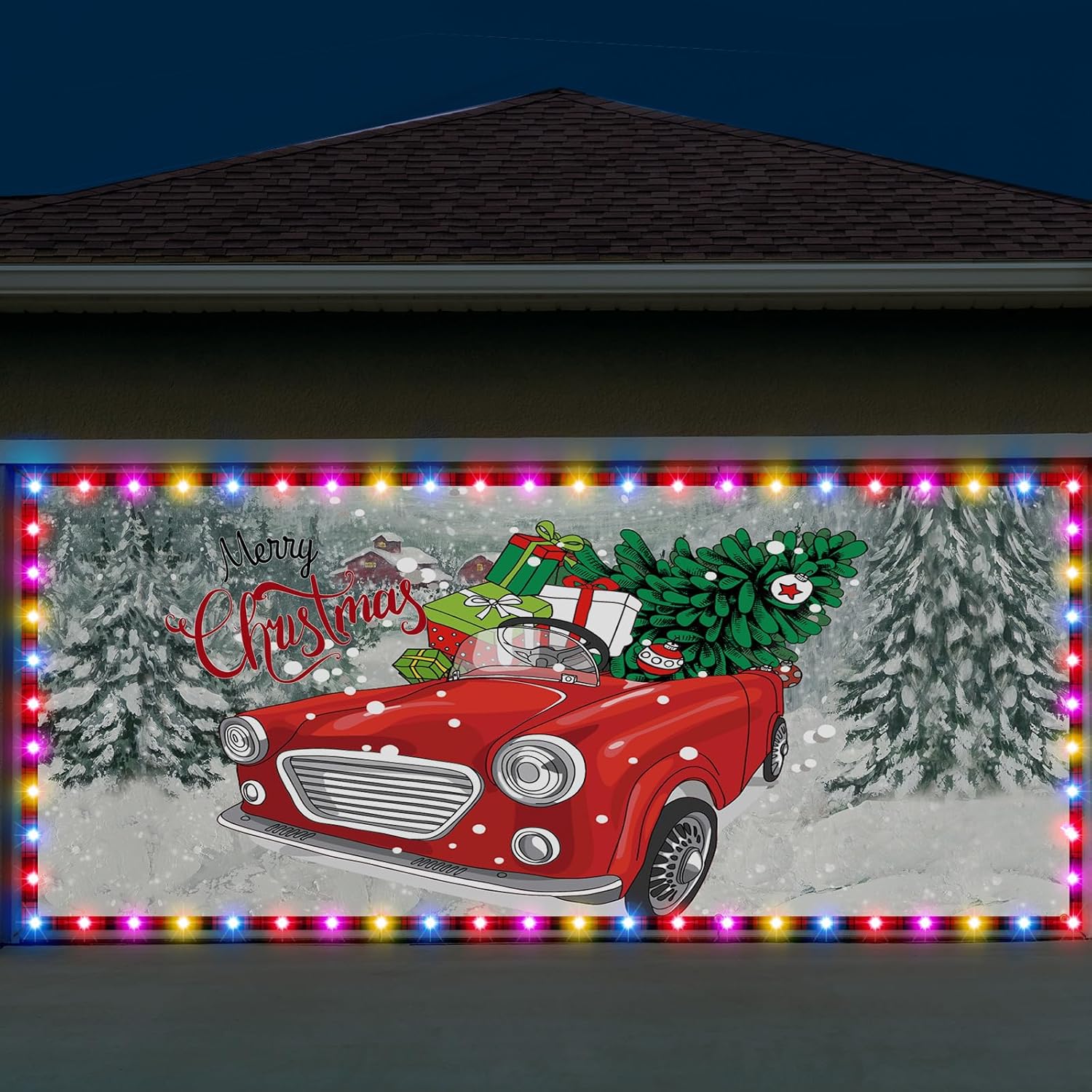 Ganeen 6.4x16 ft LED 2026 Christmas Garage Door Banner String Light Large Rustic Xmas Garage Door Decorations Xmas Banner Cover Backdrop Holiday Cover Decoration(Vintange Santa)