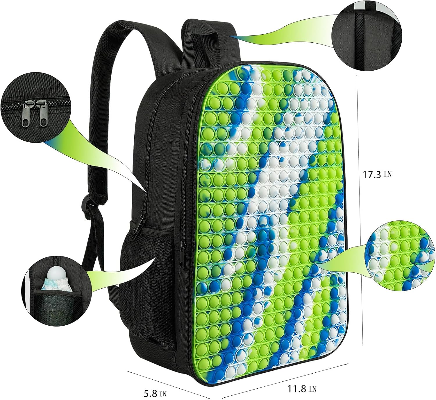 Pop It Backpack for Kids, Large 17.3 Inch School Backpack with Giant Full-Front Sensory Pop It Panel, Double Compartment, Padded Straps, Water Resistant Fidget Gift
