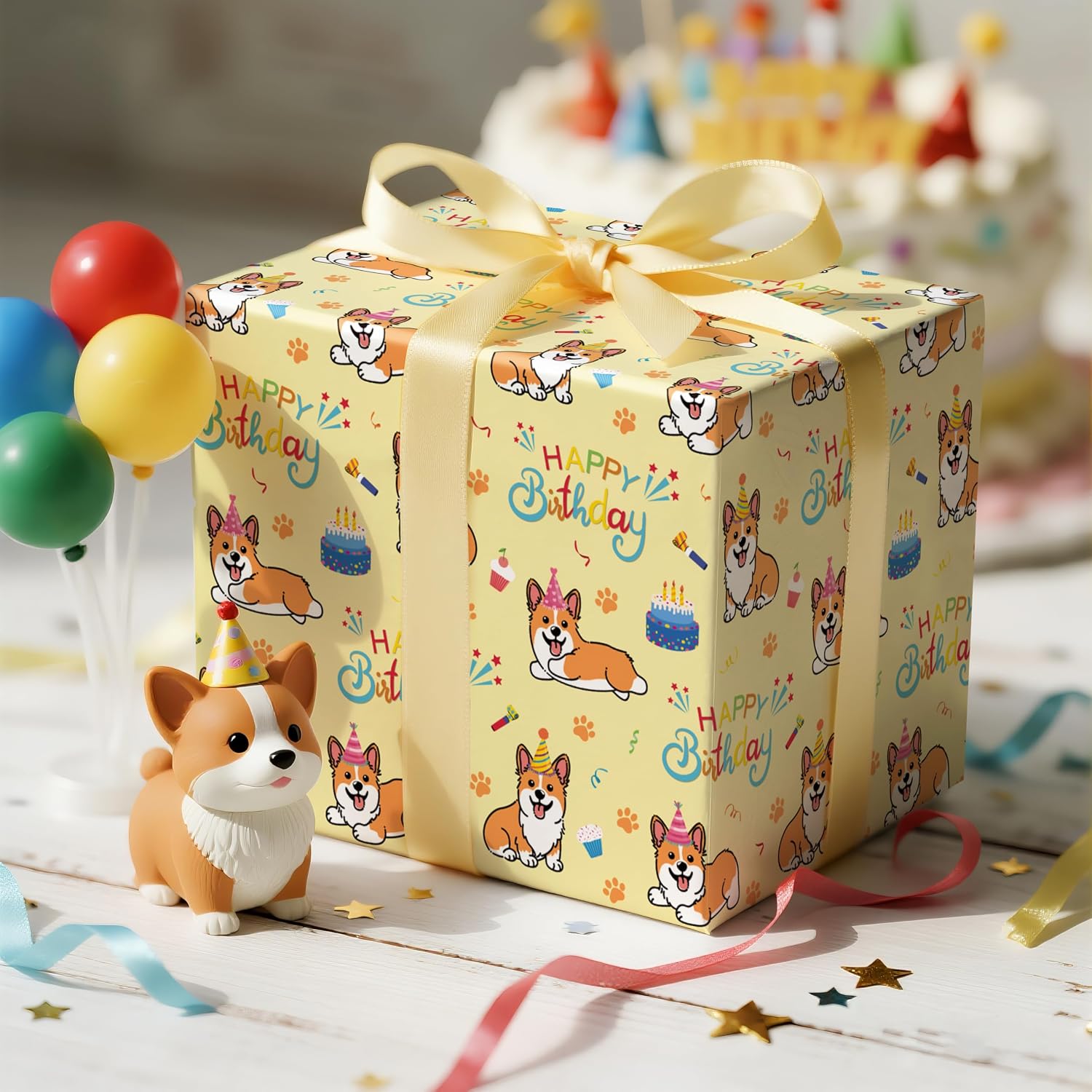 LeZakaa Corgi Birthday Wrapping Paper Roll, Cute Corgi Dogs Cake Party Elements Birthday Gift Wrap for Dog Lovers, Kids, Mini Roll 17 In x 16.4 Feet