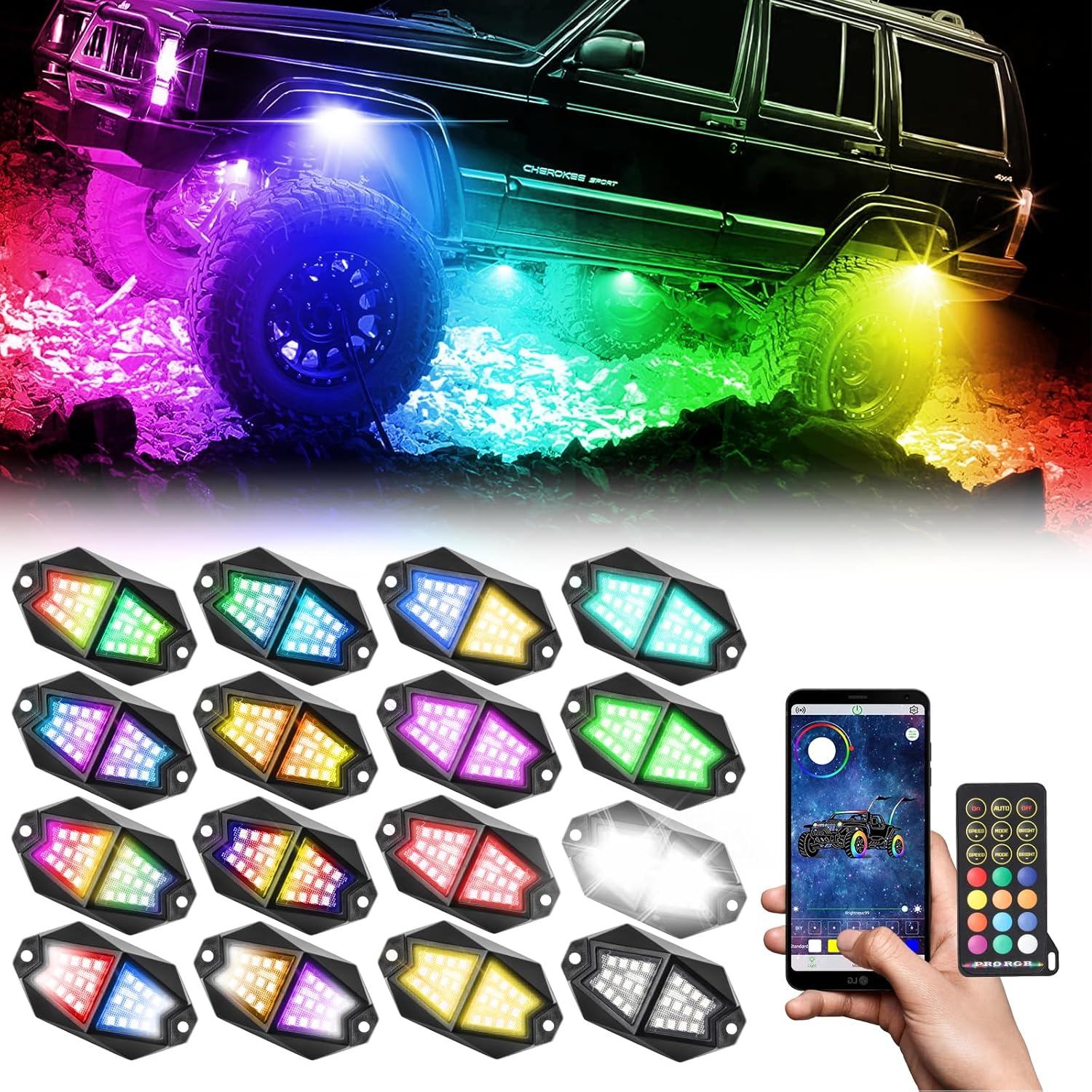 OPP ULITE 16Pod Led Rock Lights Dream Chasing Color, 210° Luminous, 64W 384pcs Led, Smartphone APP & RF Remote Control RGBW Underglow Interior Light for Jeep Trucks SUV Car UTV ATV RZR Offroad Boat