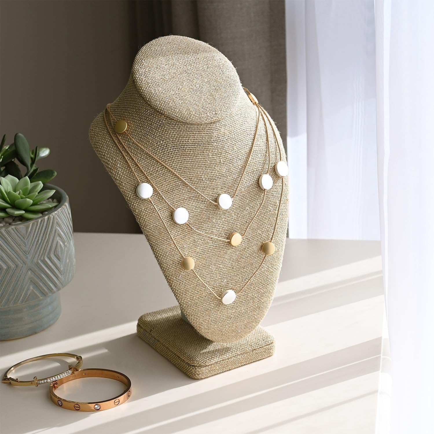 Ikee Design 2 Pcs Linen Necklace Chain Jewelry Bust Display Holder Stand, Necklaces Display Mannequin, Jewelry Bust Stand, 6 3/8 W x 4 1/4 D x 10 H in