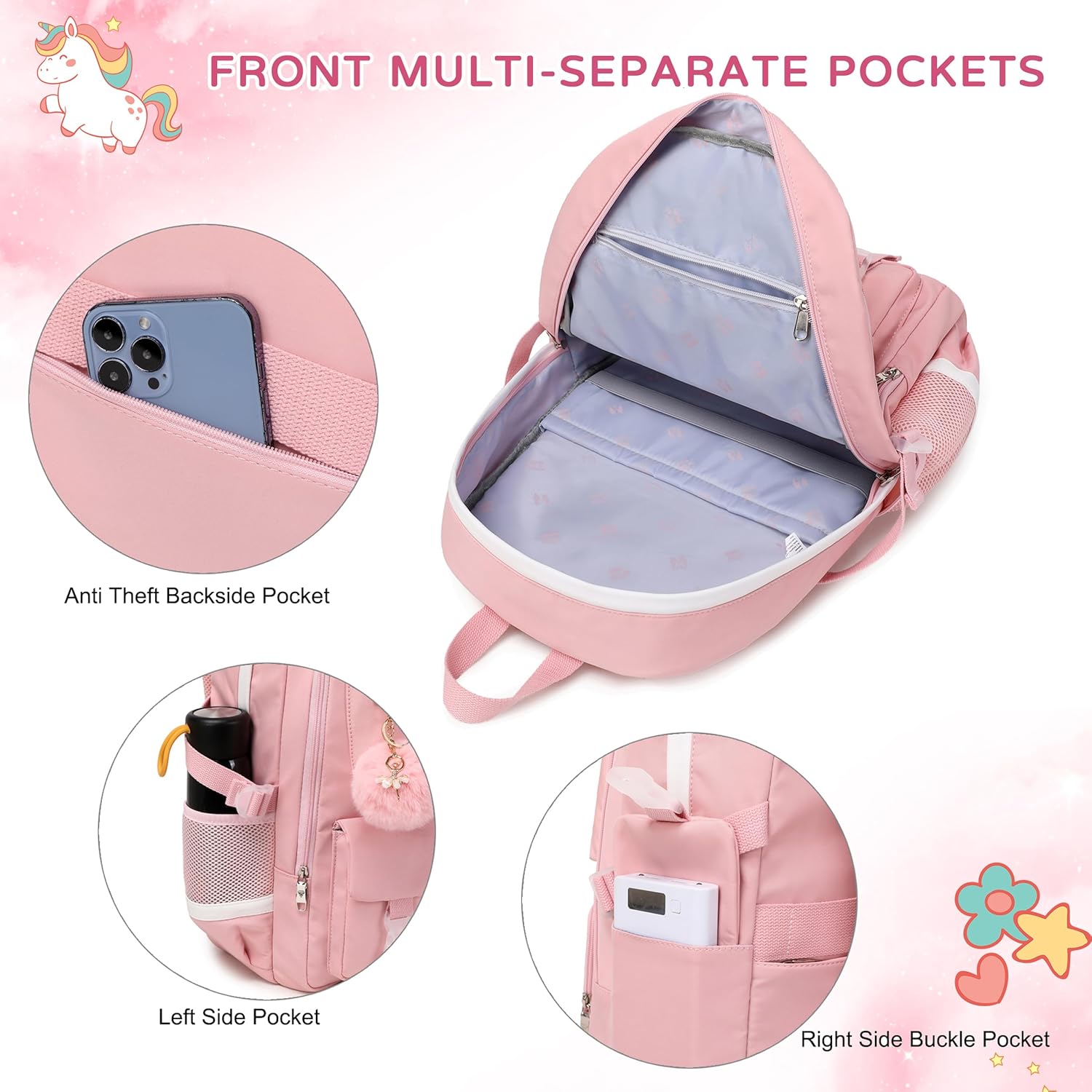 Backpack for Girls Laptop Backpacks 15.6 Inch College Cute Bookbag Anti Theft Primary Elementary School Bag Casual Daypack for Students Teens Girl Women (Pink) - Image 6