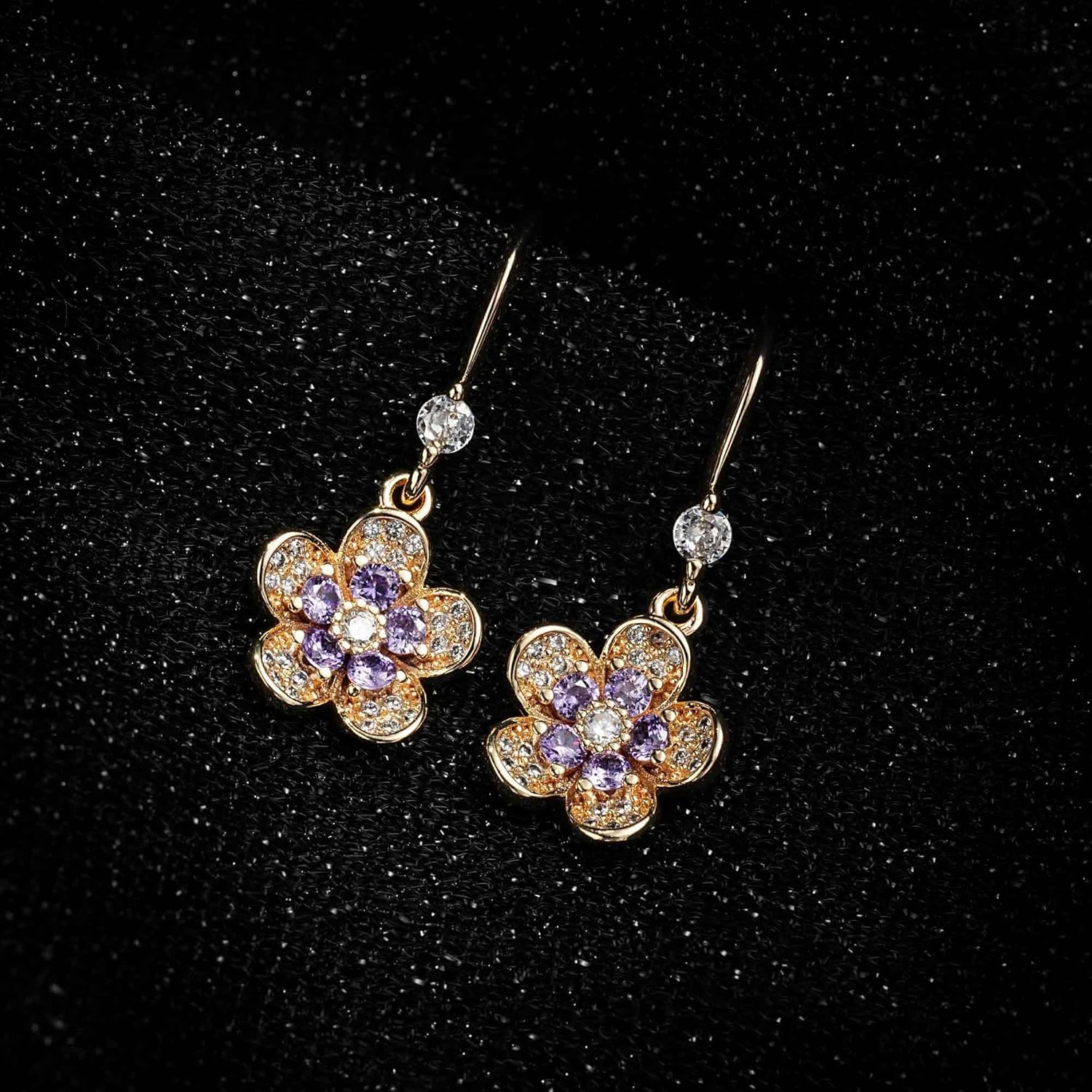 Austrian Crystal Flower Dangle Drop Earrings for Women 14K Gold Plated Hypoallergenic Jewelry - Image 3