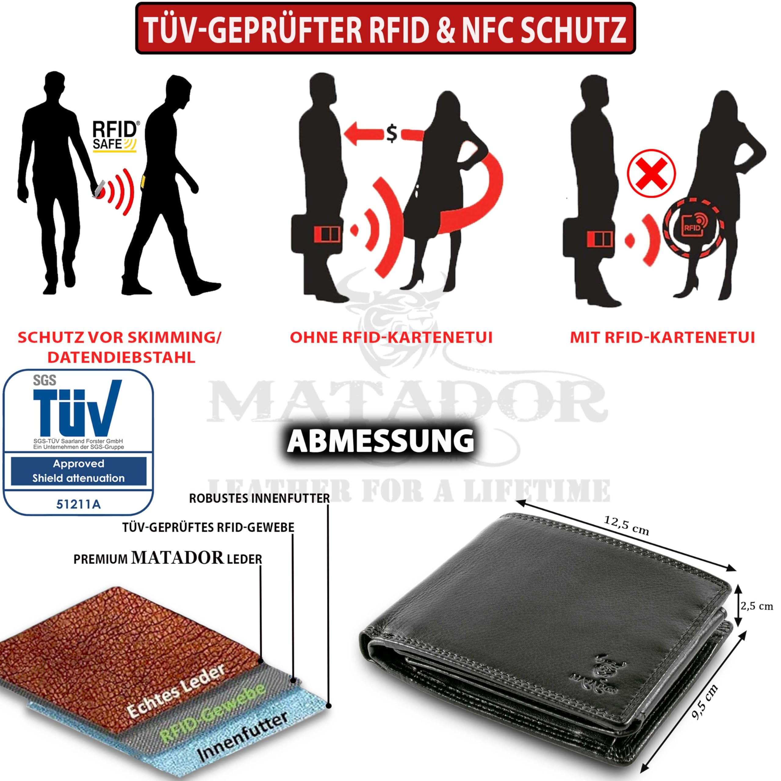 MATADOR XXL Leder Geldbörse Herren Groß Viele Fächer – Portemonnaie Herren mit TüV Geprüftem RFID Schutz - Herrenportemonaie Leder Brieftasche - Großer Männer Geldbeutel Viele Fächer Nappa Schwarz