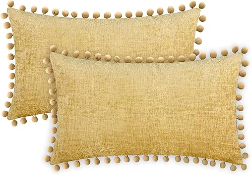CaliTime Juego de 2 fundas de cojín de felpilla suave teñidas con pompones para sofá, decoración del hogar, 12 x 20 pulgadas, color dorado