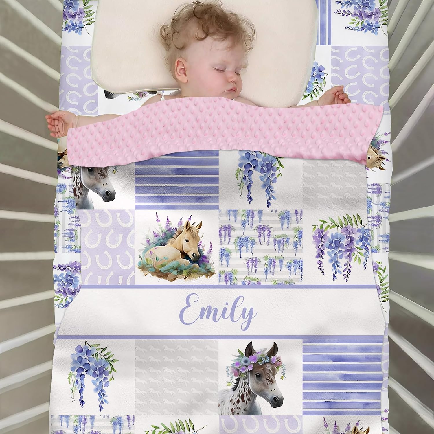 Personalized Custom Minky Blanket for Girls - Floral Purple Horse Design, Soft for Newborns to Toddlers, Perfect