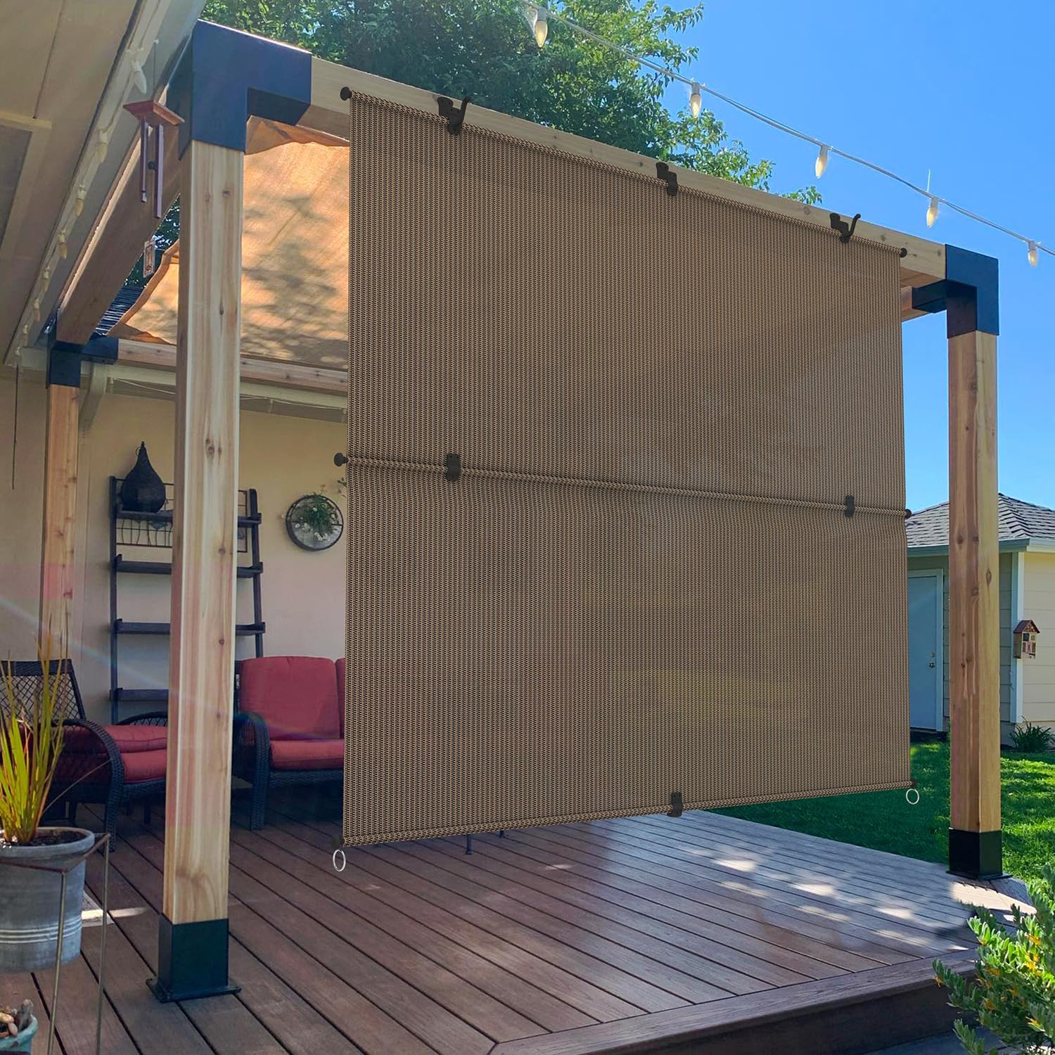 Outdoor Roller Shades 4' W x 6' H Patio Cordless Roll Up Shades Blackout Blinds Exterior Sun Shade Privacy Screen for Home, Office, Gazebo, Porch, Deck, Pergola, Balcony, Brown