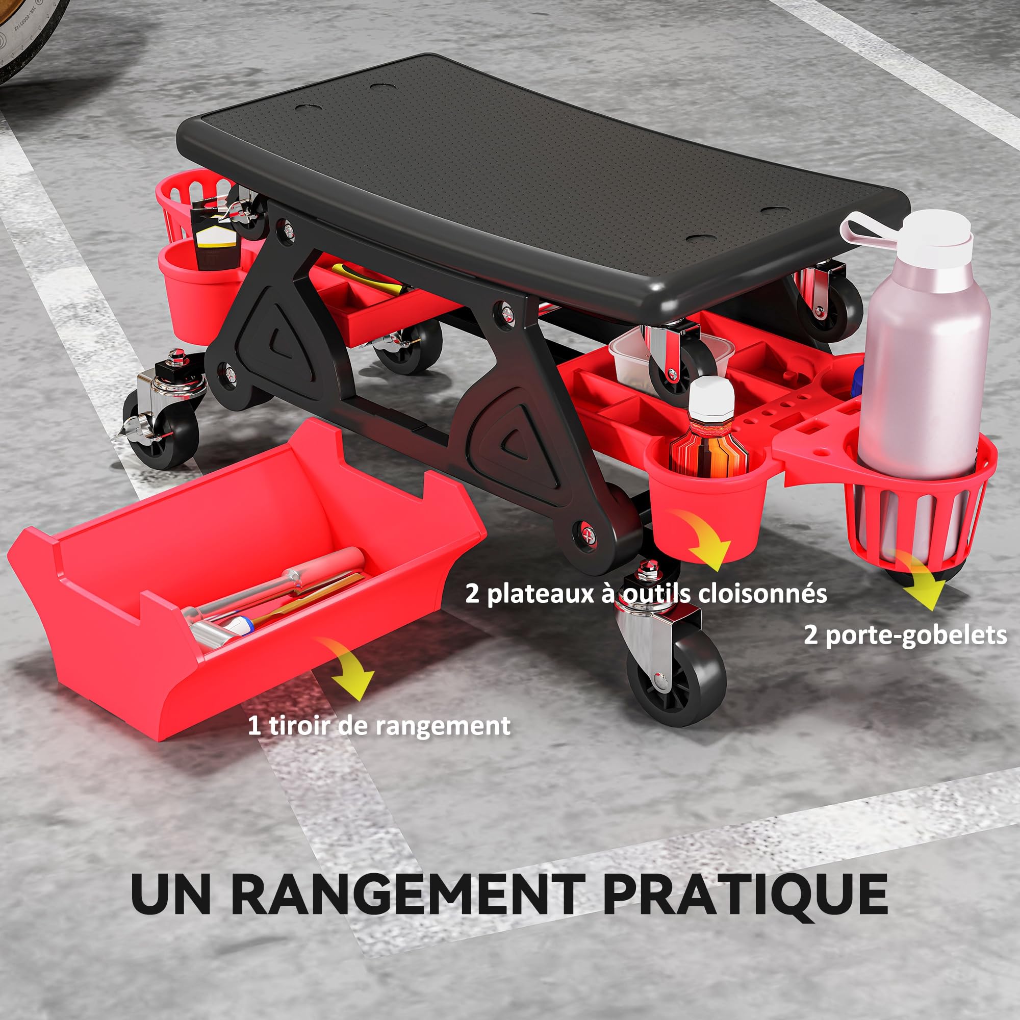 HOMCOM Sgabello da meccanico rotante 135kg con cassetto Rosso | Ruote girevoli 360°, sedile a rulli imbottito, vassoi estraibili, portabottiglie, per garage officina riparazione auto