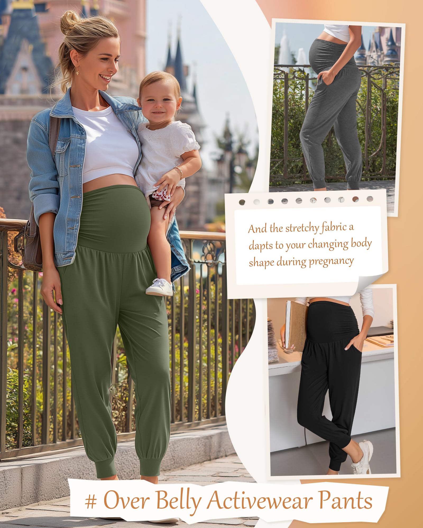Neer Confezione da 3 pantaloni da jogging premaman sopra la pancia, elasticizzati, per la gravidanza, con tasche, invernali