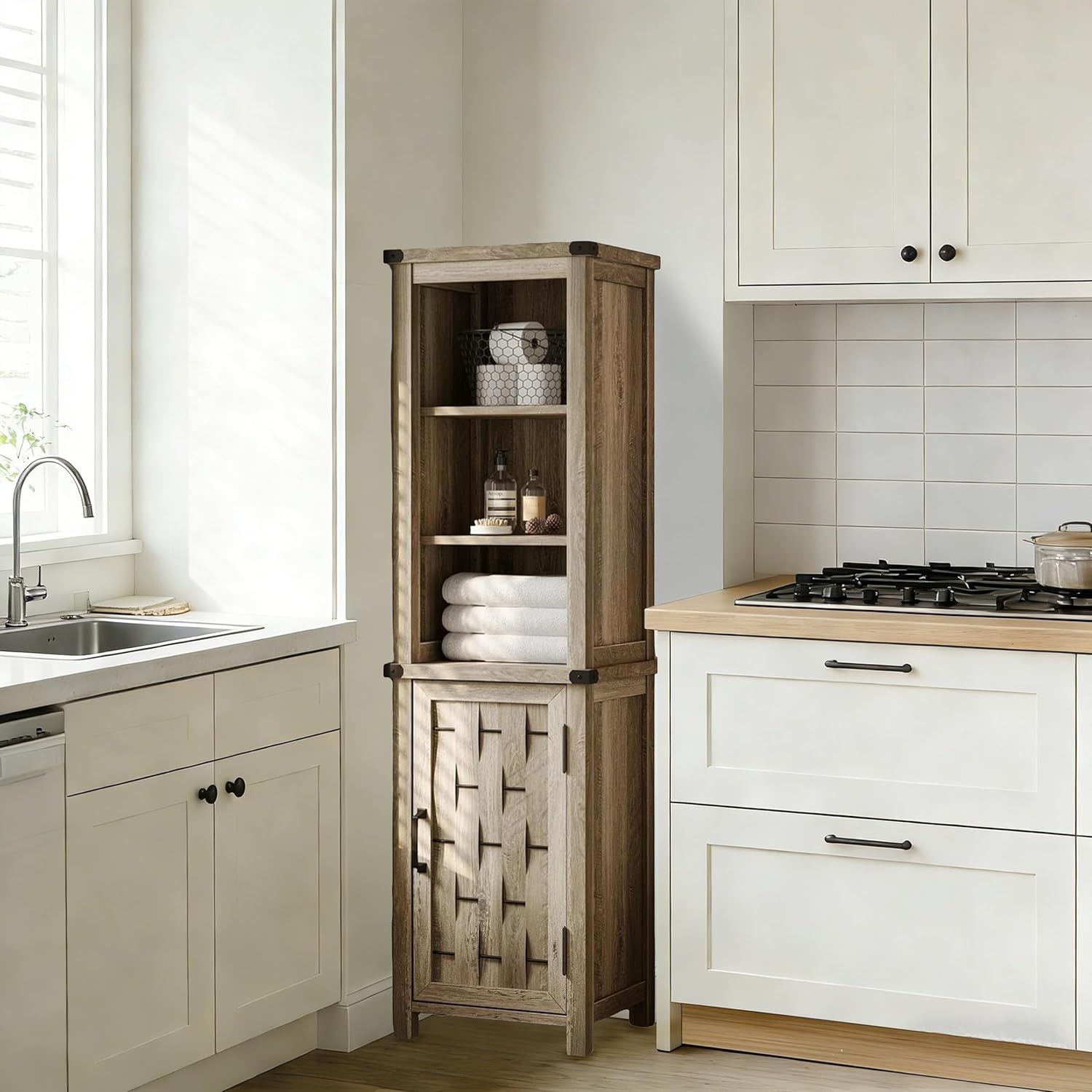 Caffoz Farmhouse Storage Cabinet, Narrow Corner Linen Tower with Door & Adjustable Shelves,Versatile Bathroom & Living Room Organizer，Light Brown