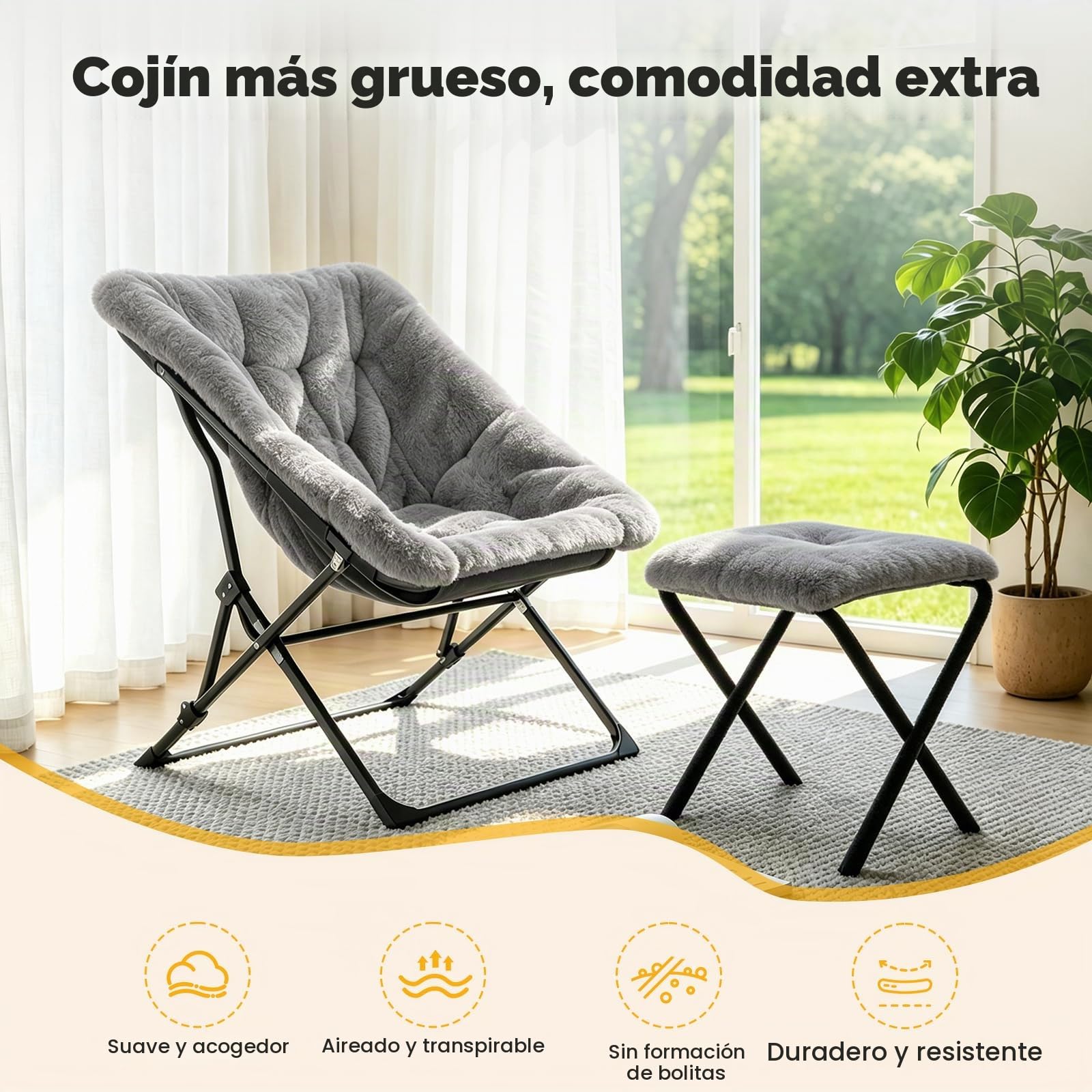 Sillón plegable con reposapiés de 150 kg, forro polar, color gris