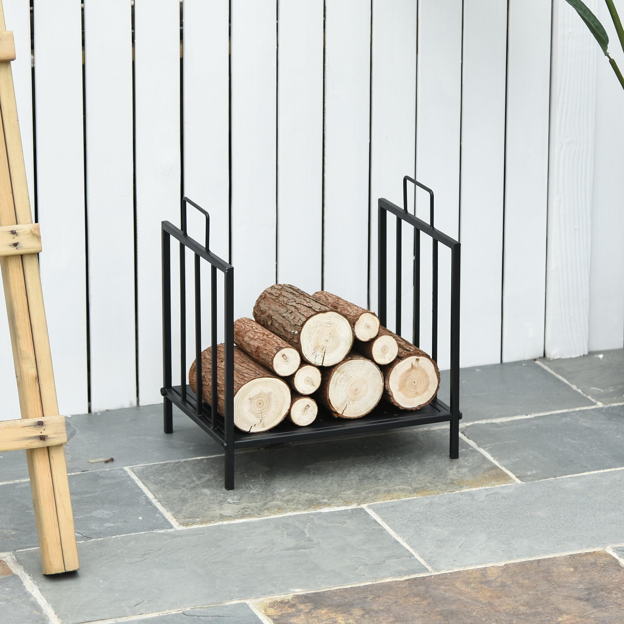 Outsunny Portalegna per Interno ed Esterno con 2 Maniglie, Portalegna per Camino in Metallo, 44.5x33x46.5 cm, Nero