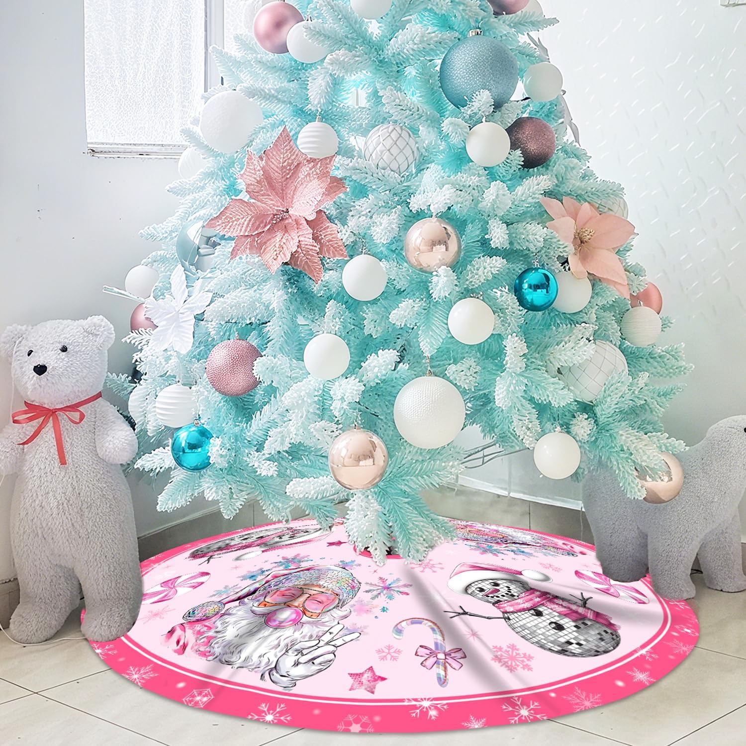 Pink Christmas Tree Skirt Disco Ball Snowman and Santa Claus Christmas Tree Skirt 48Inch Merry Xmas Party Decorations for Holiday Winter New Years Winter