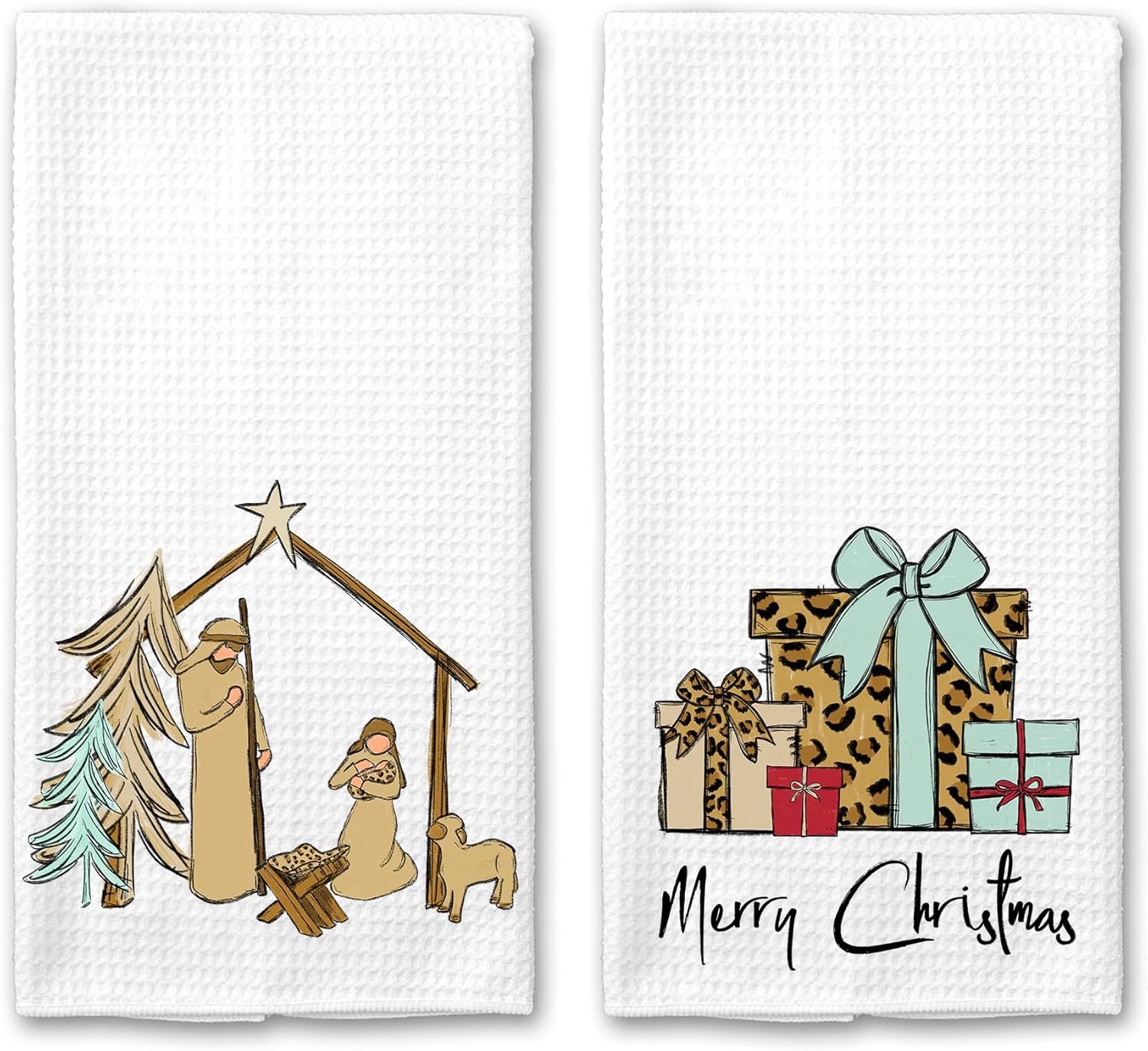 Merry Christmas Presents and Manger Scene Leopard Kitchen Towel Holiday Home Decor Set of 2