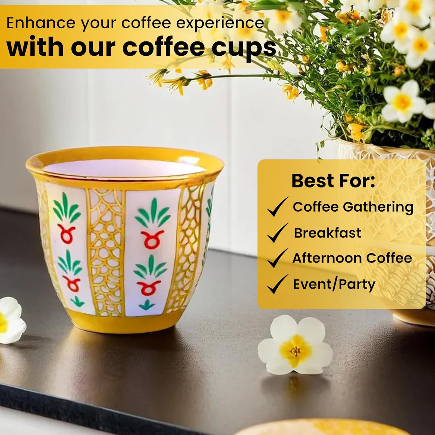 Generic Premium Porcelain Arabic Coffee Cup Set 100ml - Elegant Gold Trim - Gift/Party Set (100 ml, 12, Count)