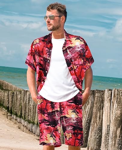 Vista 6 de MRIGNT Men's Hawaiian Shirt and Short, 2 Piece Vacation Outfits Sets Short Sleeve Shirt Beach Casual Button Down Shirts Suits