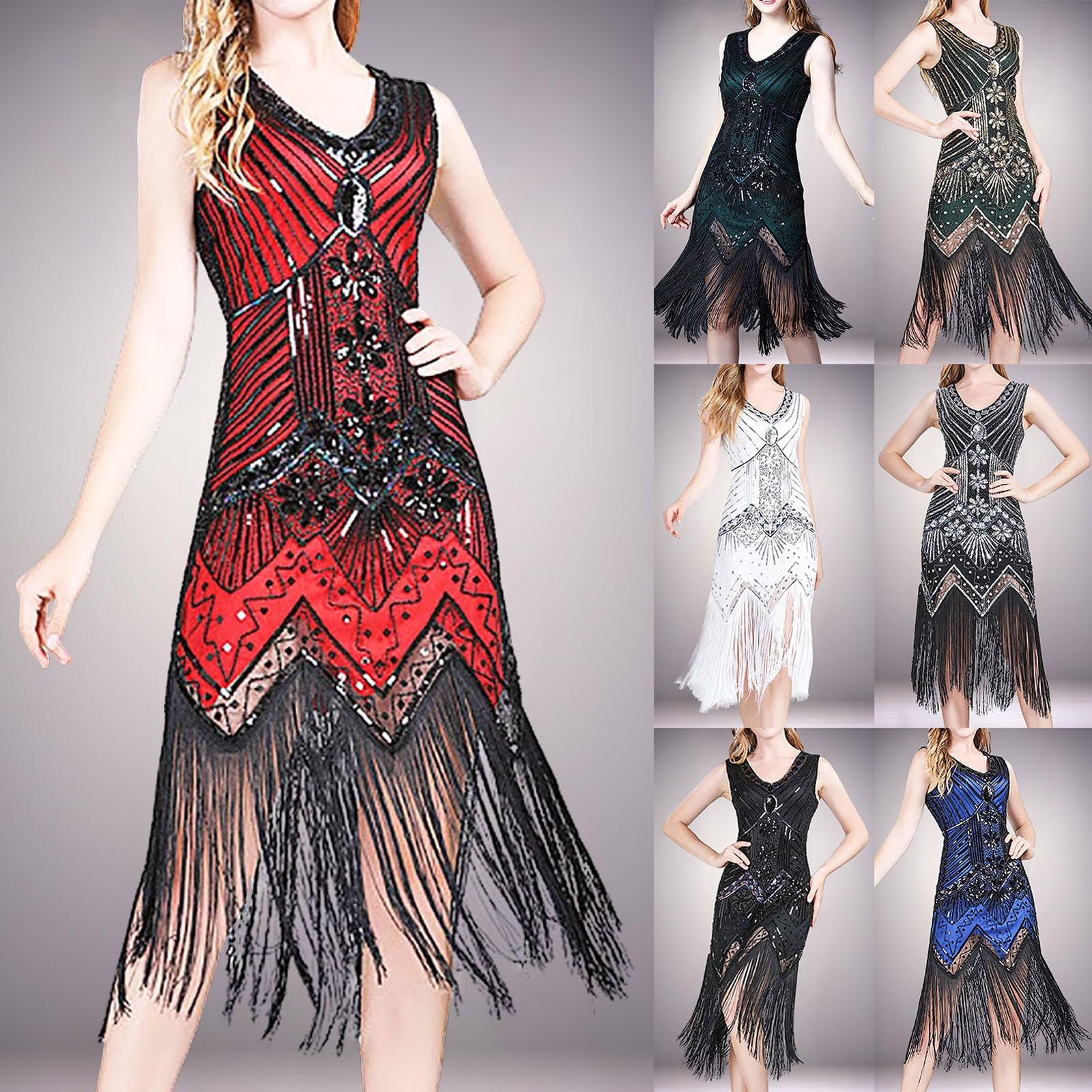 Generisch Abito da donna con paillettes metallizzate, schiena scoperta, vestito da ballo latino con guanti, abito glitterato, mini abito sexy con paillettes, abito da festa, abito con frange