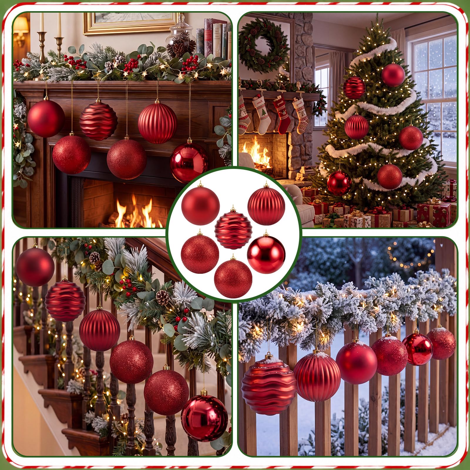 Zubebe Confezione da 6 palline di Natale da 15,2 cm, grandi palline in plastica infrangibile, con glitter opaco lucido e finiture decorative, per albero di Natale, festività e feste (rosso)