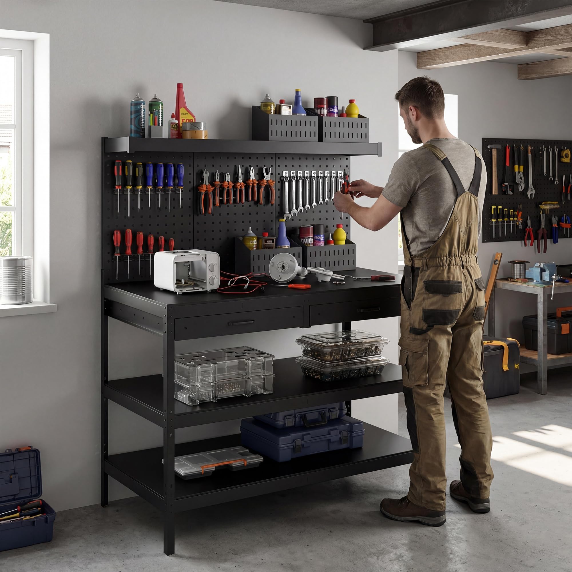 HOMCOM Banco de trabajo 1220 x 610 x 1560 mm con pared perforada, 2 cajones y 2 estantes ajustables, 272 kg capacidad