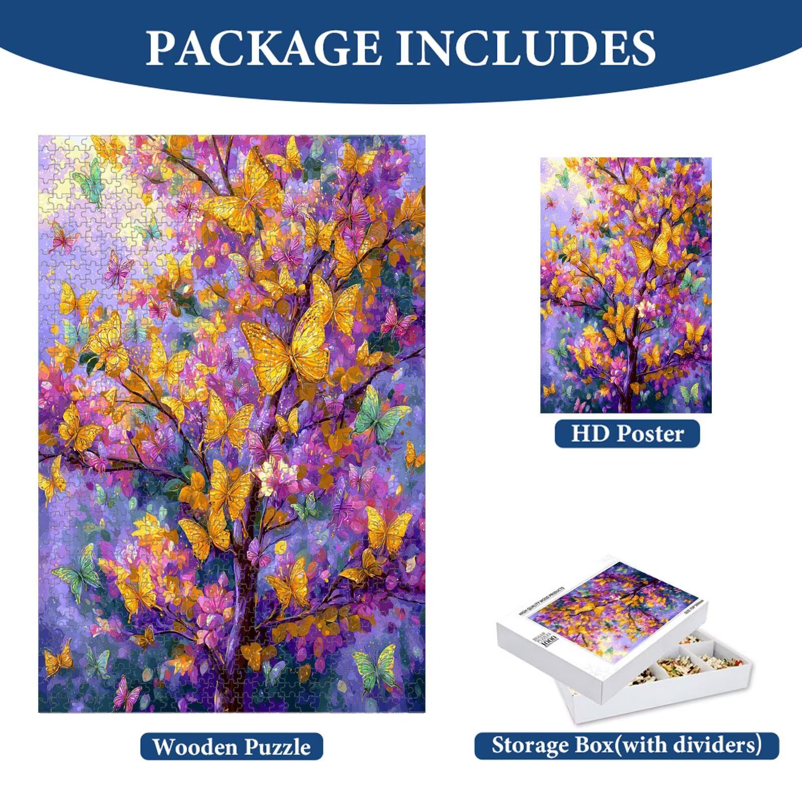 Puzzle 1000 Pièces, Arbre & Papillon Puzzle en Bois Durable 1T#1353 | Puzzle en Bois, Découpe de Précision, Encres aux Couleurs Vives, Loisir Relaxant, Décoration Intérieure, Cadeau, 50x75cm