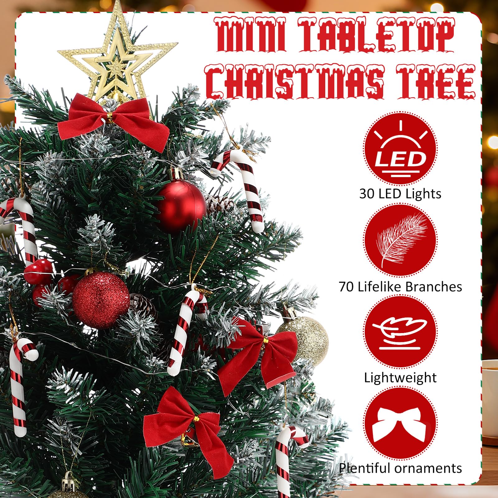 Soulchen Mini sapin de Noël artificiel de table avec lumière - 0,6 m - 61 cm - Mini sapin de Noël artificiel avec 30 lumières LED - Petit centre de table pour décoration d'intérieur et de vacances