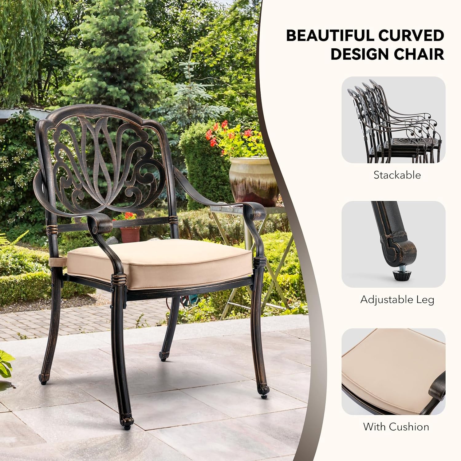 9-Piece Cast Aluminum Outdoor Dining Set Retro Patio Dining Set for 8 Includes 86.6’’ Rectangular Table and 8 Chairs with Removable Cushion and Umbrella Hole for Patio Deck Garden Porch