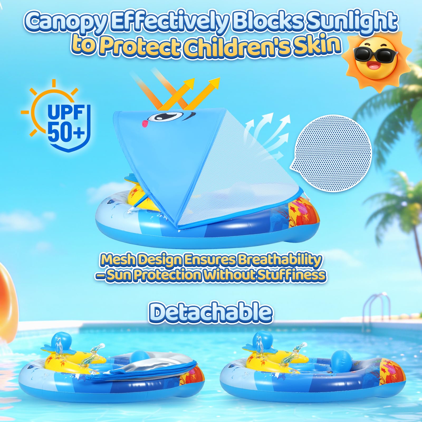 Salvagente per Bambini, Salvagente per Bambini dai 6-36 Mesi con Tettoia Solare, Galleggiante per Bambini Regolabile con Sicurezza, Salvagente per Bambini UPF50+ con Tettoia Solare, Aiuto per il Nuoto