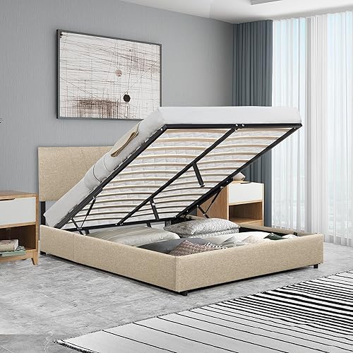 Miniatura 3 de Cama tapizada de plataforma tamaño Queen  Base de cama Queen con cabecera y sistema de almacenamiento hidráulico, base de colchón de soporte de