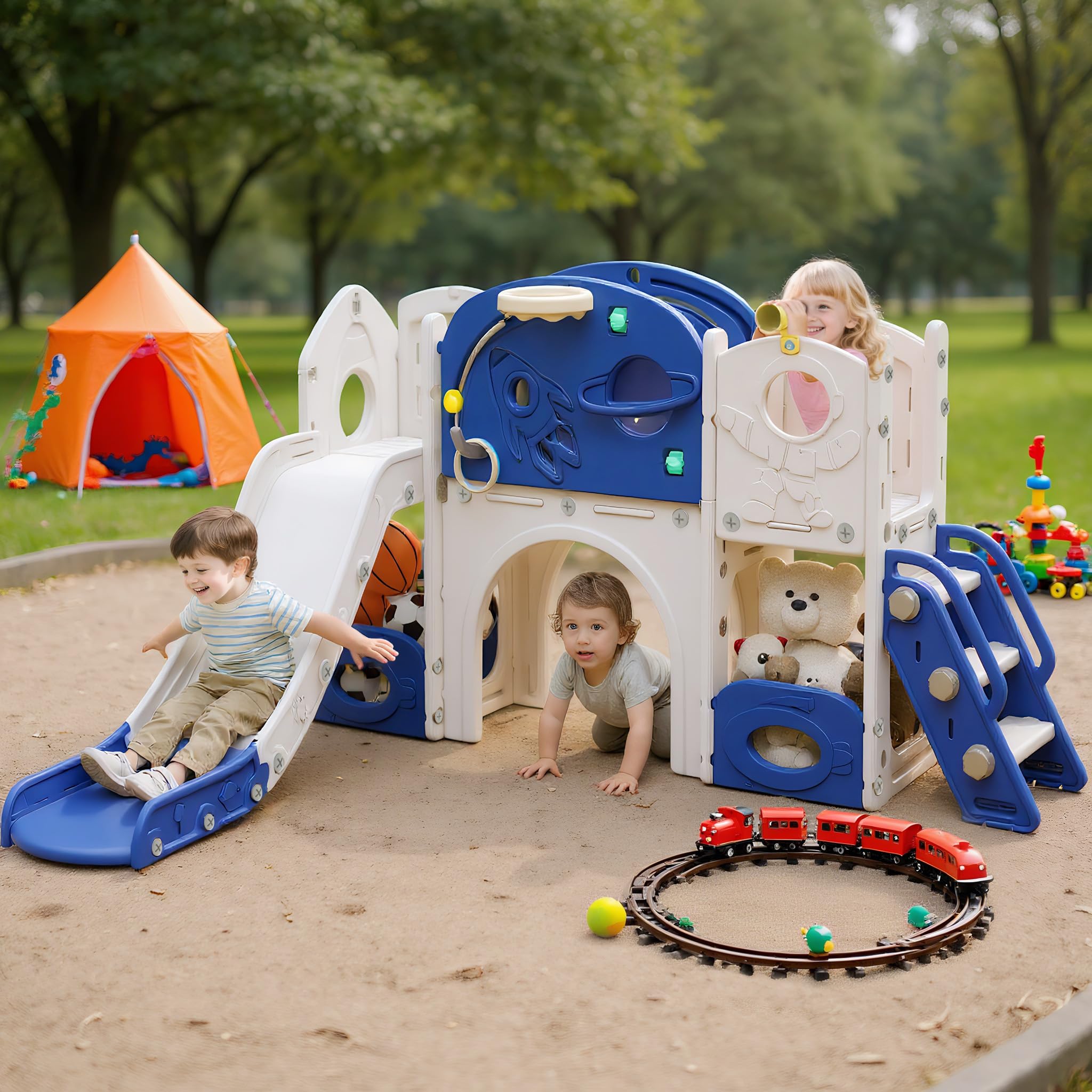 Aufun 5-in-1 Kinderrutsche für Kleinkinder, Multifunktionales Spielset mit Rutsche, Basketballkorb, Tunnel, Stauraum, Kletterleiter, Werkzeugfreie Montage, Stabil Freistehenderutsche Spielzeug