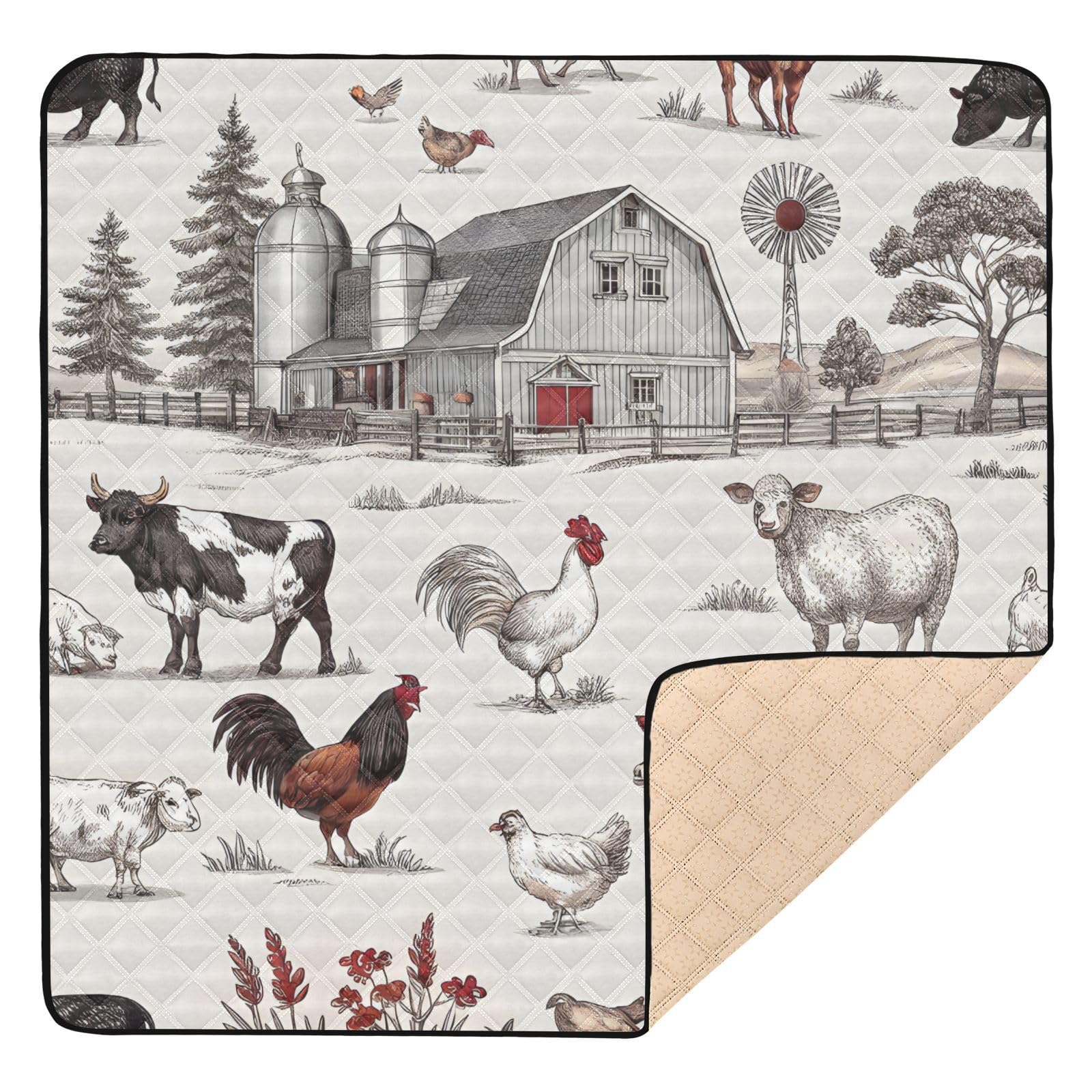 Tapis de jeu bébé imperméable et antidérapant 127x127 cm aux doux motifs animaux de la ferme