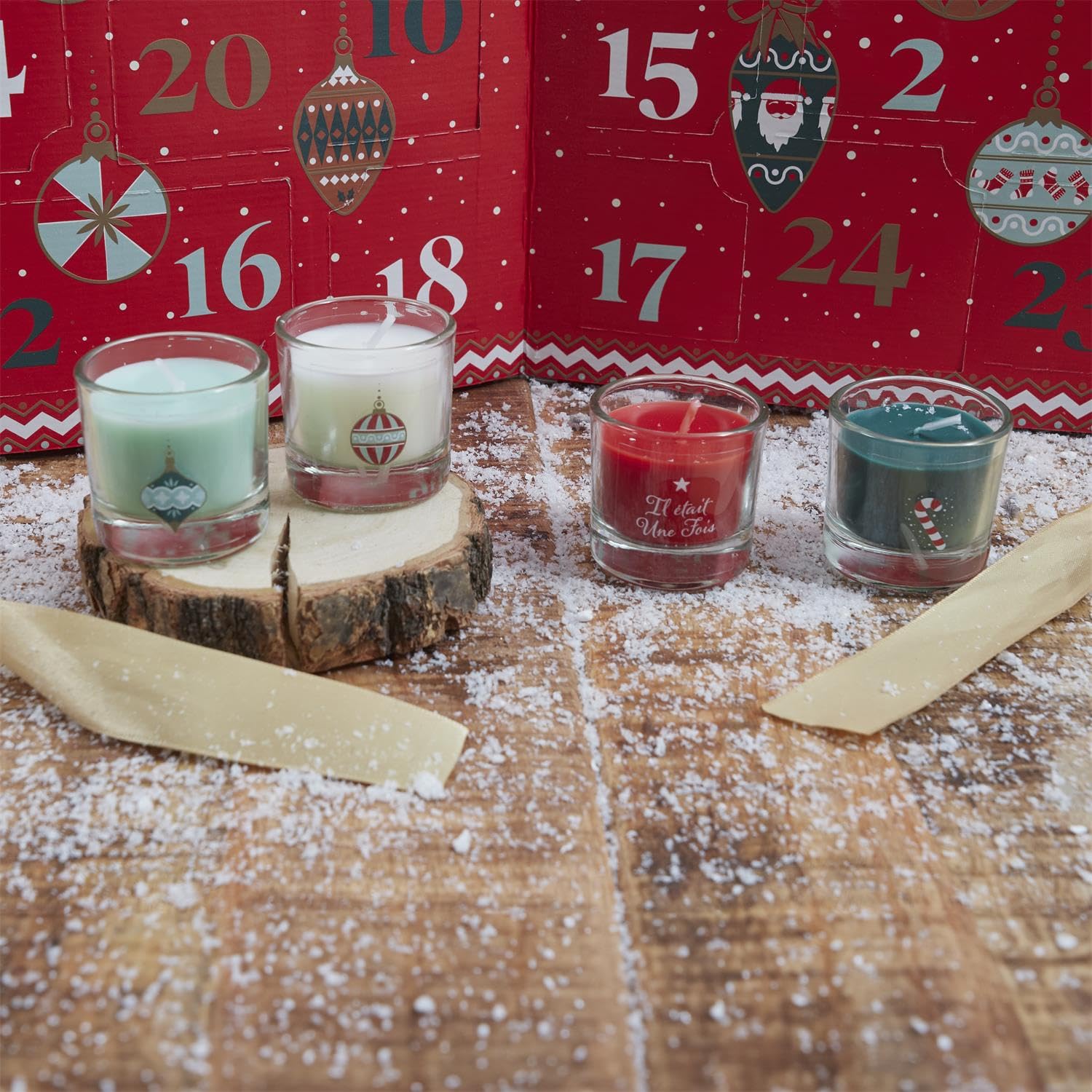 Luxuriöser aufklappbarer Adventskalender mit 24 Duftkerzen – 31 x 22 x 12 cm – Festliche Geschenkverpackung mit goldener Schleife – Rot