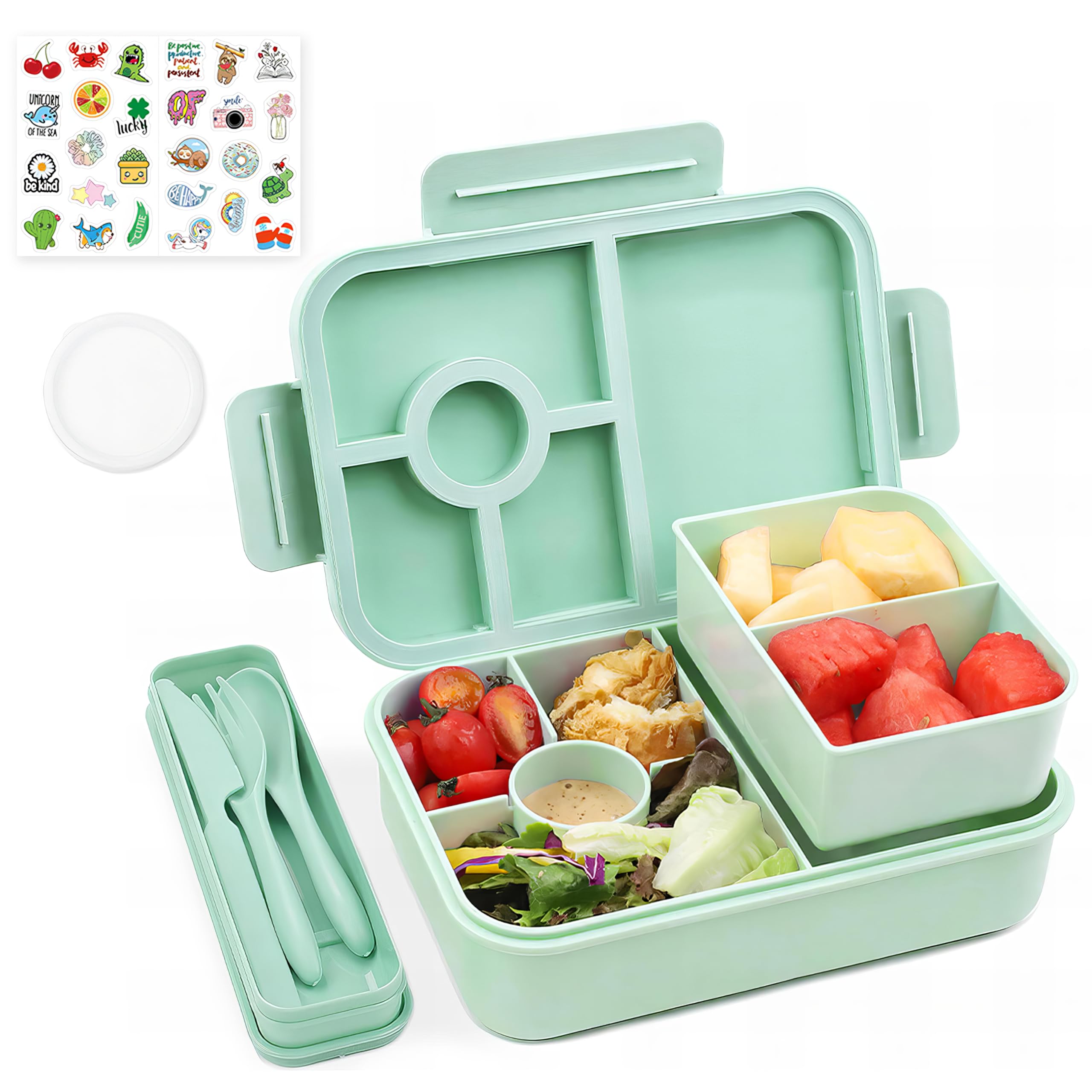 Boîte Bento 1250ml Avec 3 Compartiments - Anti-fuite, Micro-ondable, Vert