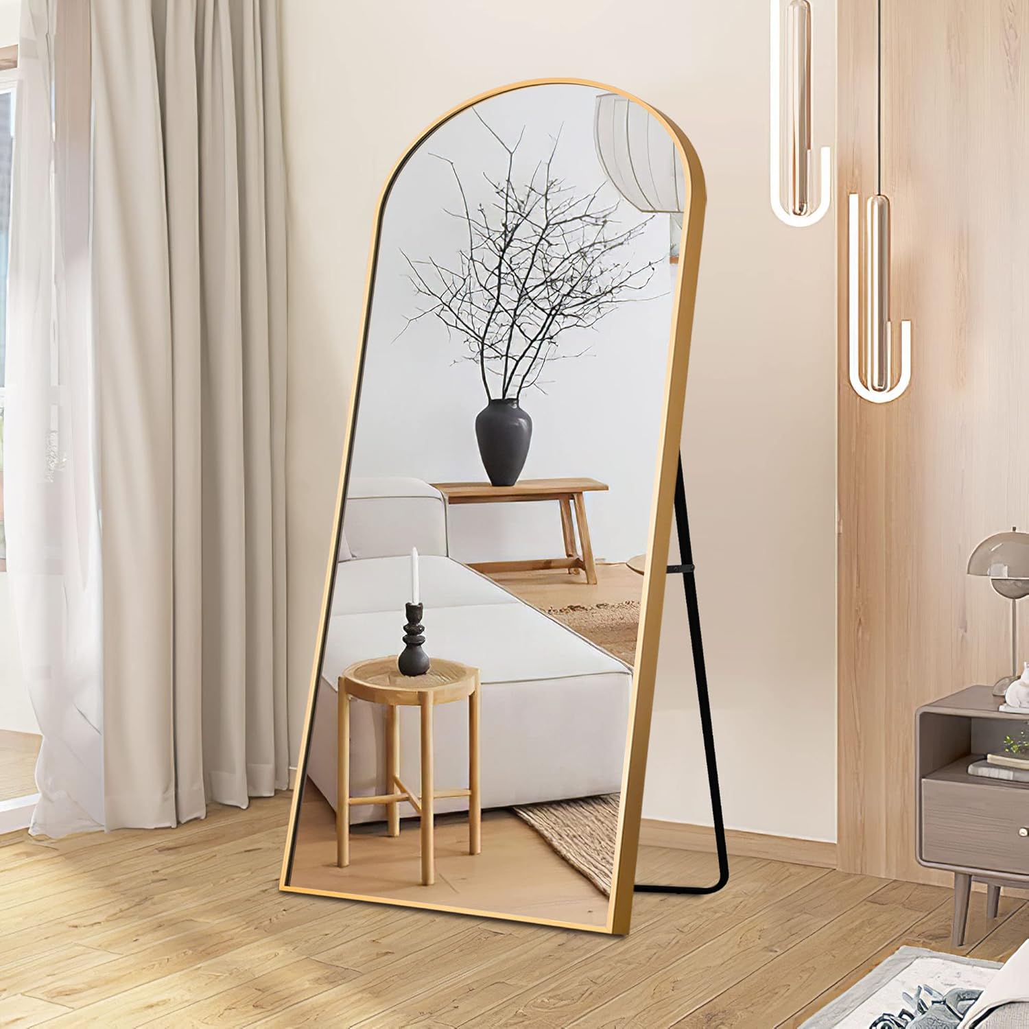 NeuType Arched Full Length Mirror, Large Arched Wall Mirror Floor Mirror with Stand, Full Body Dressing Mirrors Standing Hanging or Leaning Against Wall, Aluminum Alloy Thin Frame 65"x22", Gold