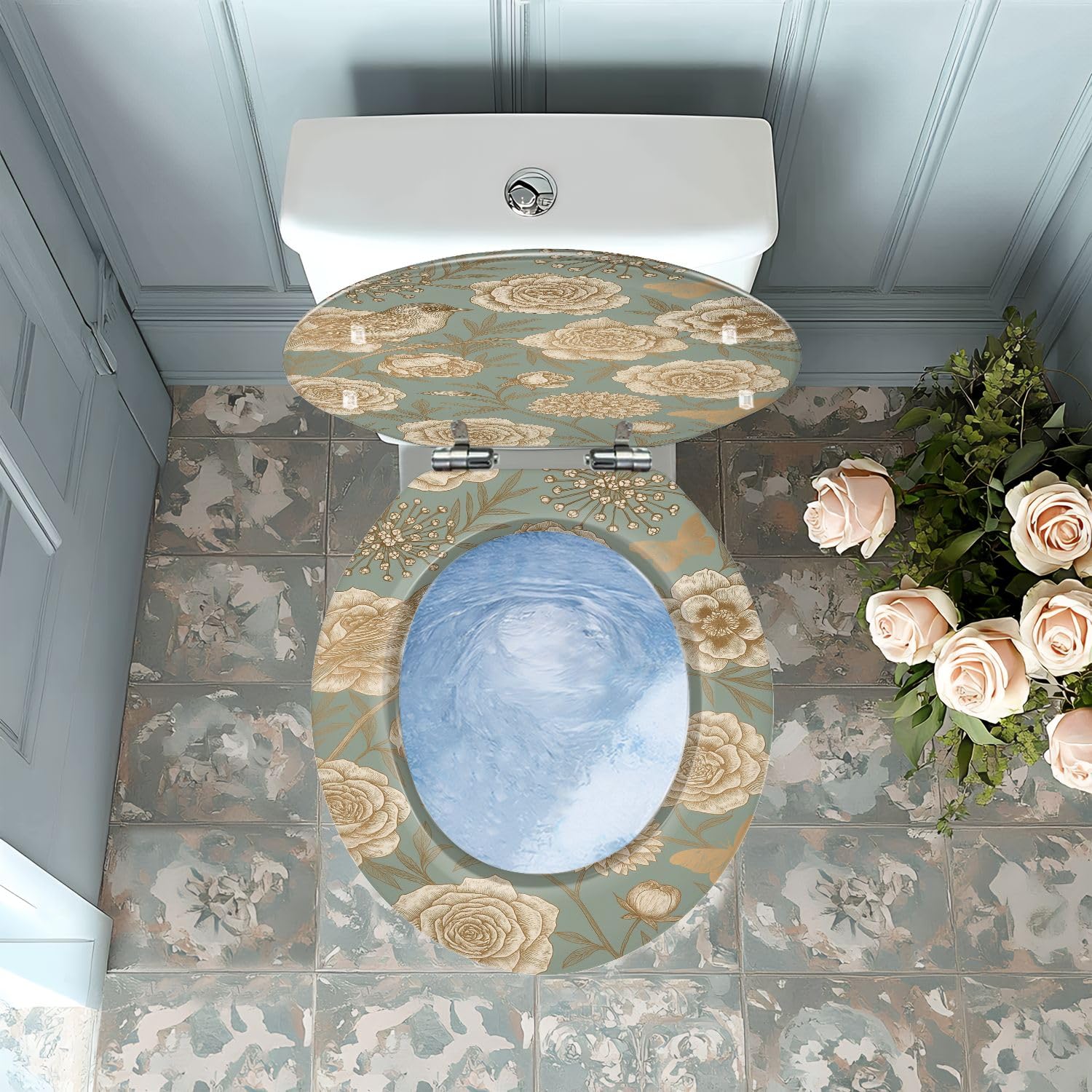 Sedile WC rotondo decorativo, lussuoso con stampa su carta blu e lamina d'oro, materiale in resina, cerniere e coperchio a sgancio rapido, facile installazione per il bagno.