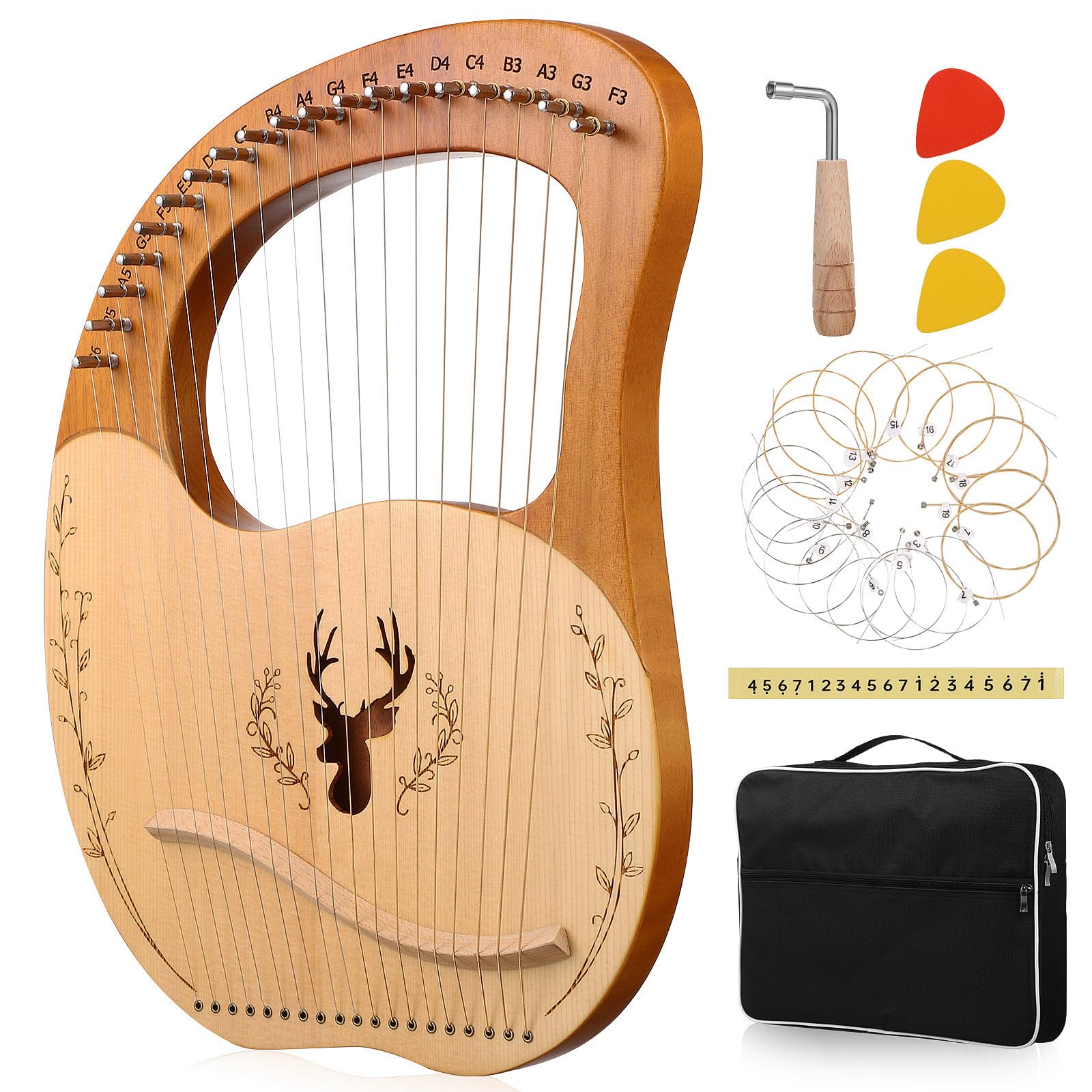 GALPADA Lira a 19 Corde in Legno con Chiave di Accordatura, Suono Chiaro e Fluido, Bordi Arrotondati, Set Completo con Borsa per Principianti, Strumento Musicale Portatile