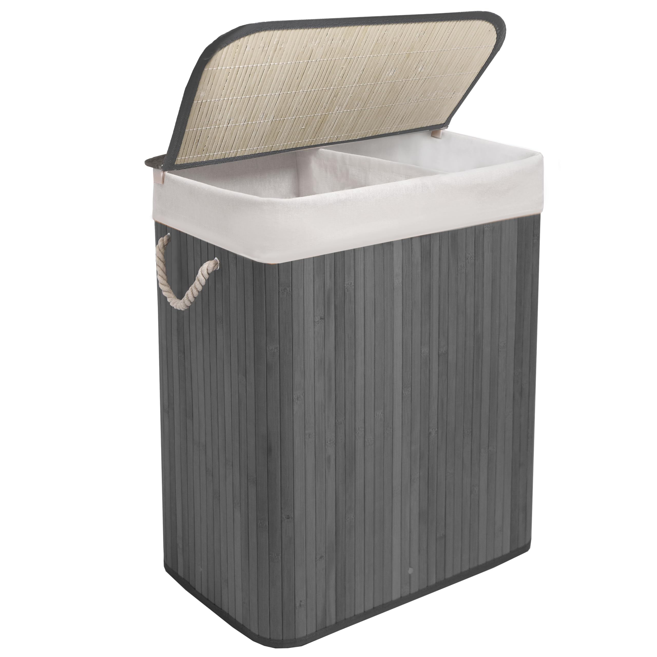 Knight Bamboo Laundry Hamper 105L - Dual Compartment Basket, Removable & Washable Liner, Foldable, Natural, for Bedroom & Bathroom, 52x32x63cm (Grey)