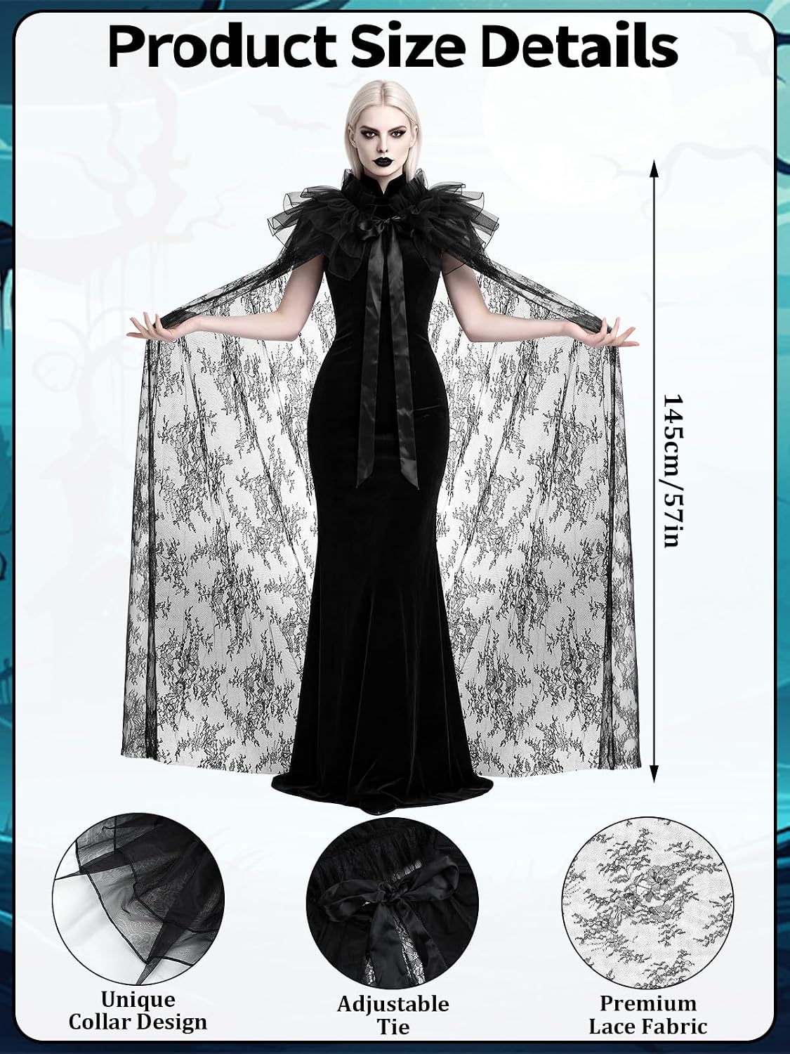 Black Lace Cape Gothic Witch Cloak for Halloween Outfit
