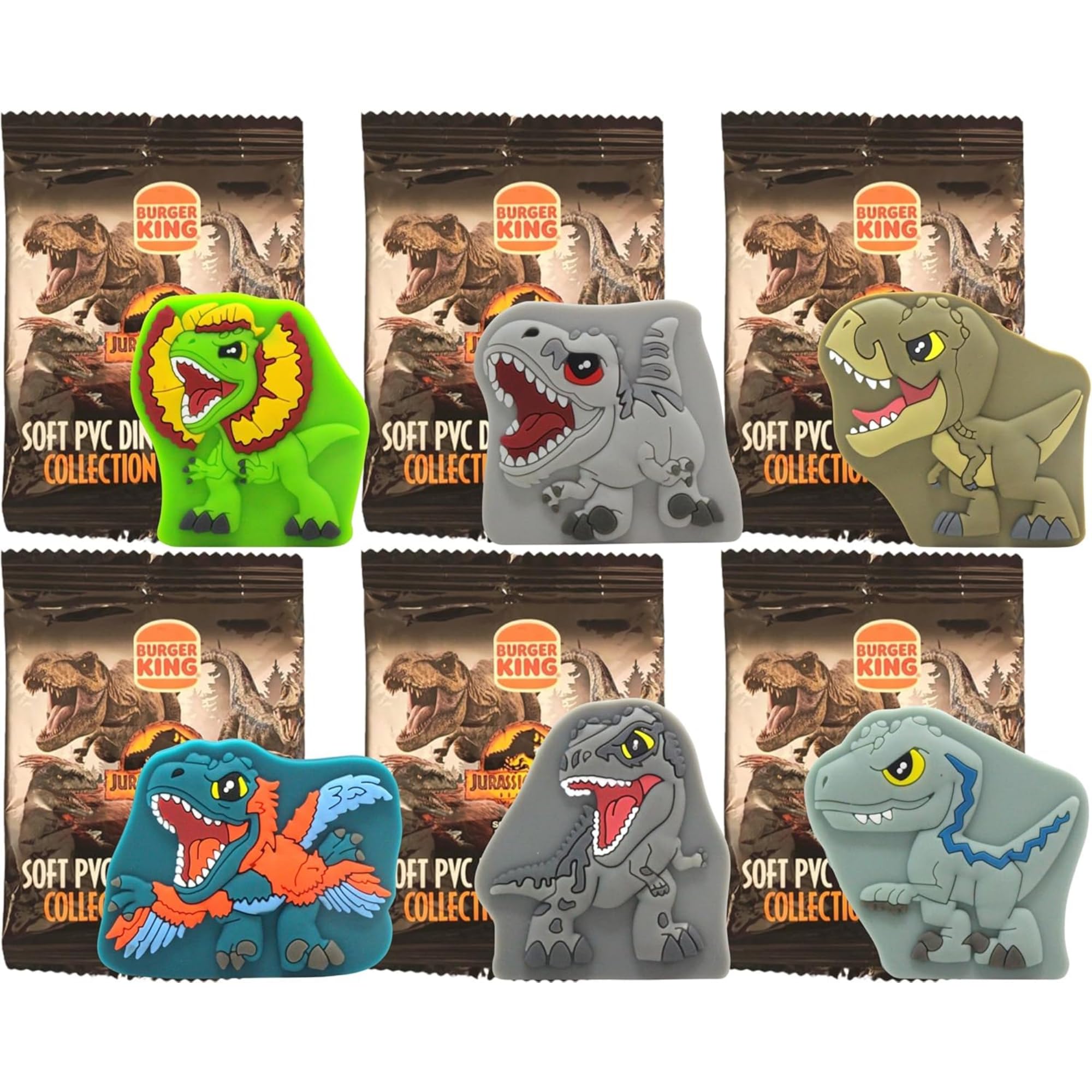 HasbroJurassic World - Burger King Kids Meal Collectable 2D Soft PVC Toy Dinosaur Collection Identified Blind Bag Set of 6