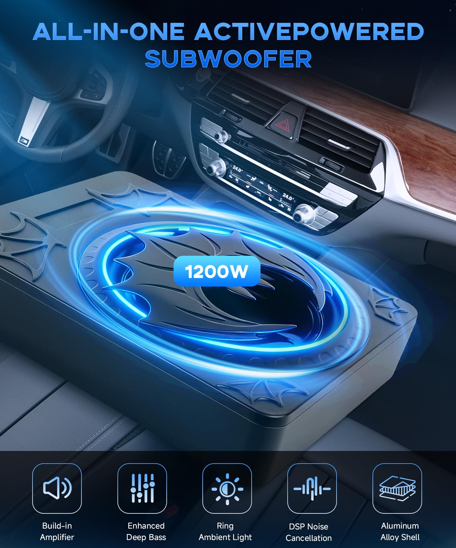 Subwoofer Attivo per Auto da 1200W 10 Pollici, Set Subwoofer e Amplificatore Ultrapiatto ad Alta Potenza da Posizionare Sotto il Sedile con Luce RGB Sincronizzata al Ritmo, Modello di pipistrello