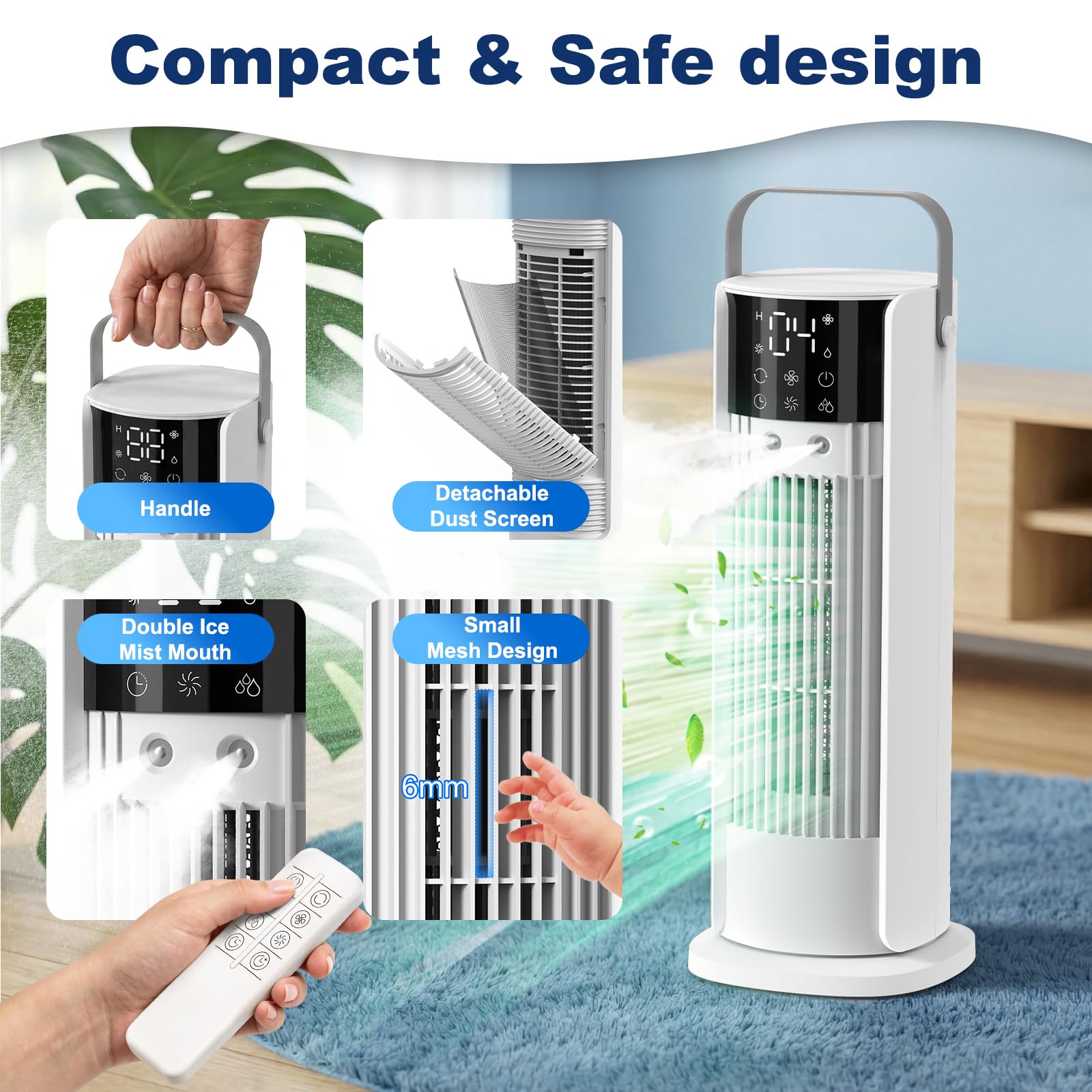 Aire Acondicionado Portátil Sin Tubo Exterior, 4 en 1 Ventilador Refrigeración, 3 Niveles de Velocidad, Función de Nebulización, Oscilación de 90°, Pantalla LED, con Mando a Distancia (Blanco)