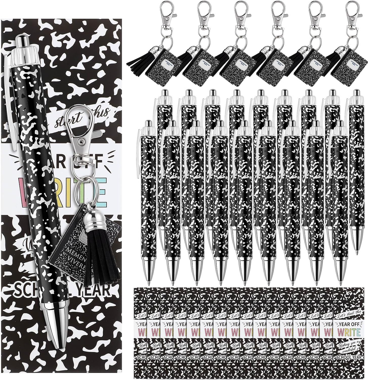 96 Pcs Back to School Gifts Bulk Composition Book Ballpoint Pens Keychains and Inspirational Cards Set First Day of School Supplies Gifts from Teacher Classroom Prizes Party Favors