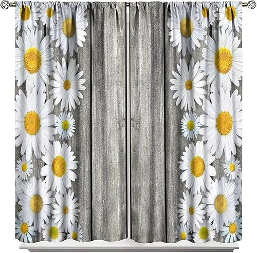 Miniatura 60 de Cortinas rústicas de cocina de granja, margaritas florales de granja de primavera, cortinas opacas de madera retro con bolsillo para barra, cortinas