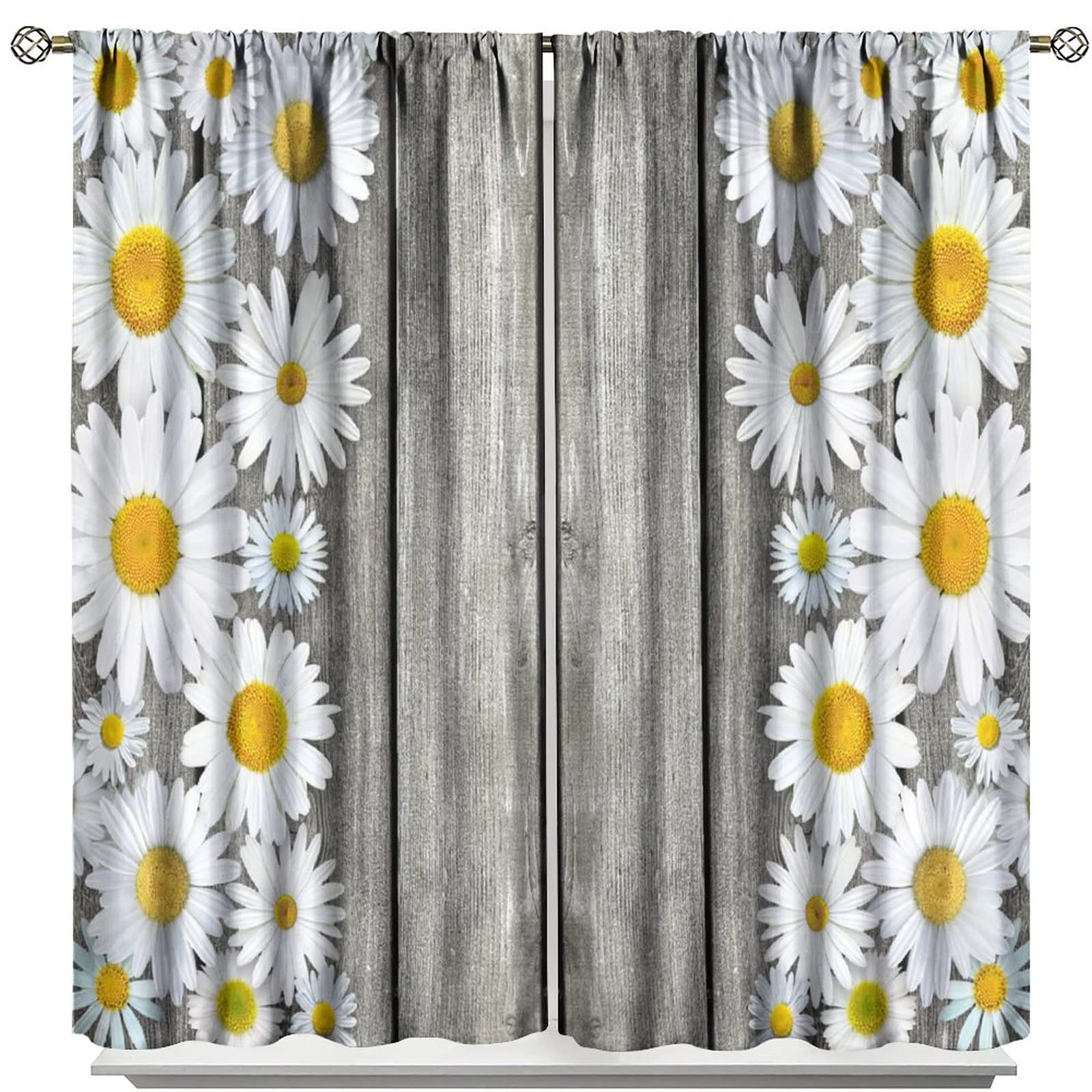 Rustic Farmhouse Kitchen Curtains,Spring Farm Daisy Floral Flowers Retro Country Wooden Blackout Rod Pocket Window Drapes for Living Room Bedroom Bathroom Home Decor W72xL63in