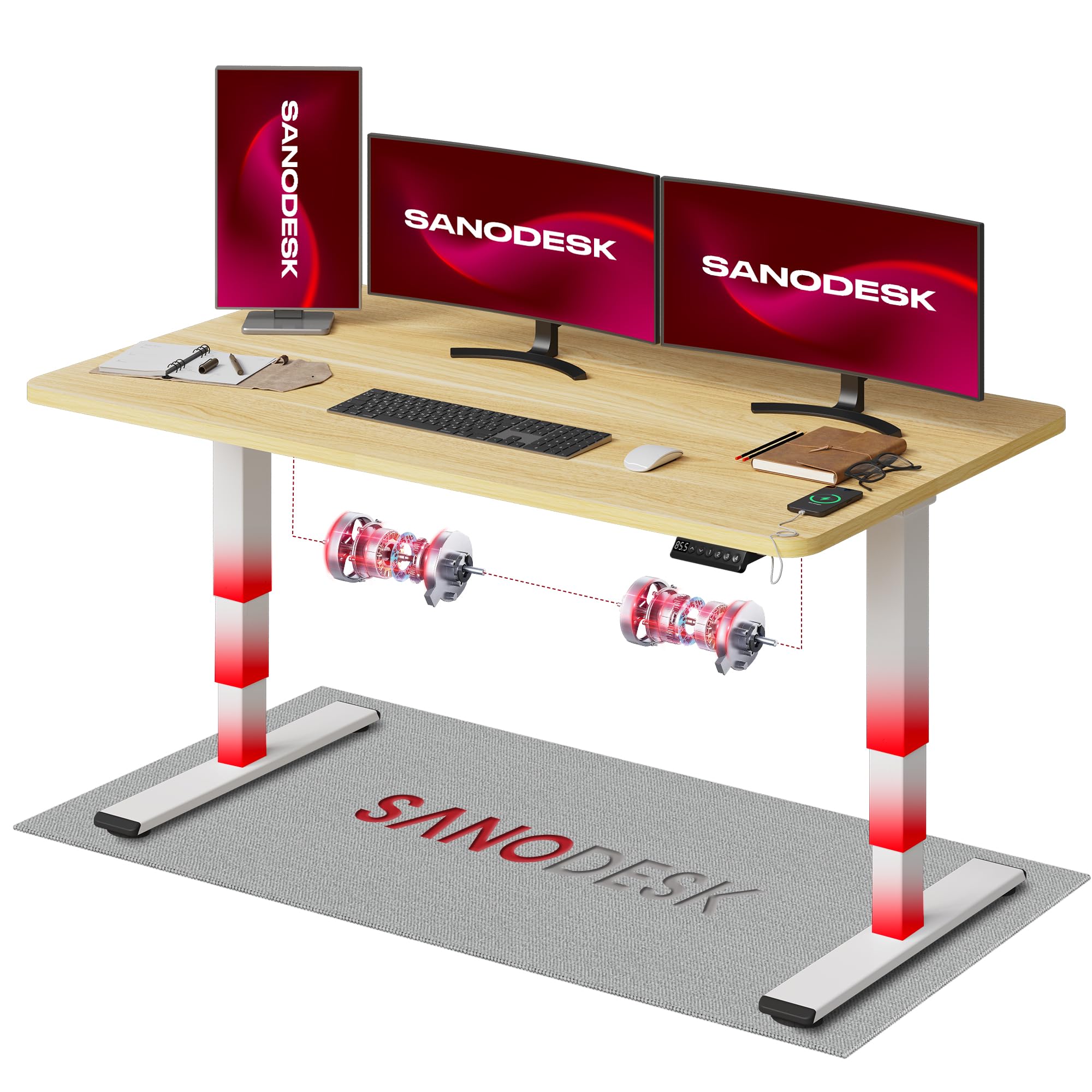 SANODESK 2 Motores Escritorio Elevable EC4 160 x 80 cm Tablero Entero con 3 Secciones Patas Telescópicas con Panel Ajustable, Mesa elevable Standing Desk Ergonómico para Oficina y Hoggar-Arce